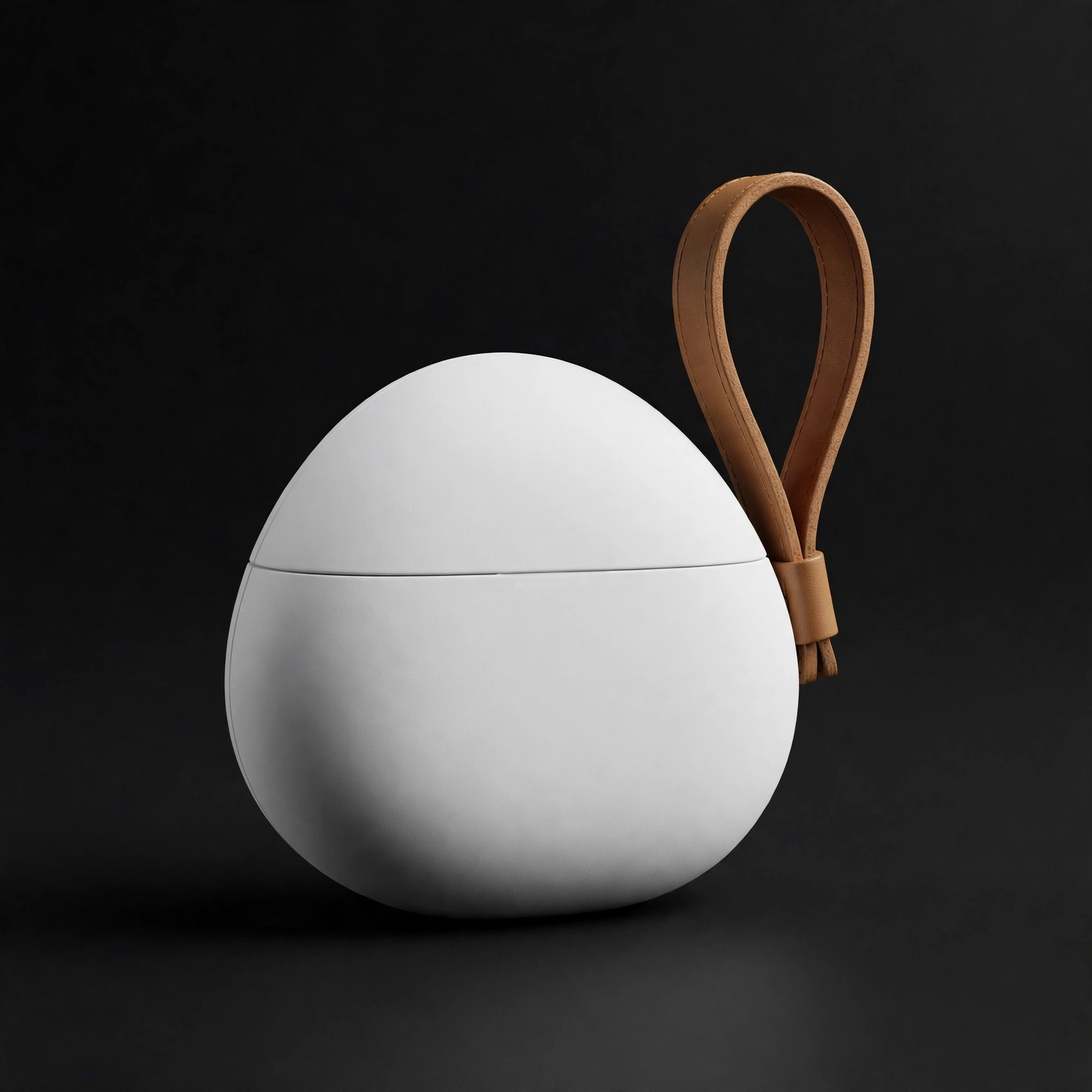 Pebble-shaped white EVA earbud case with leather loop