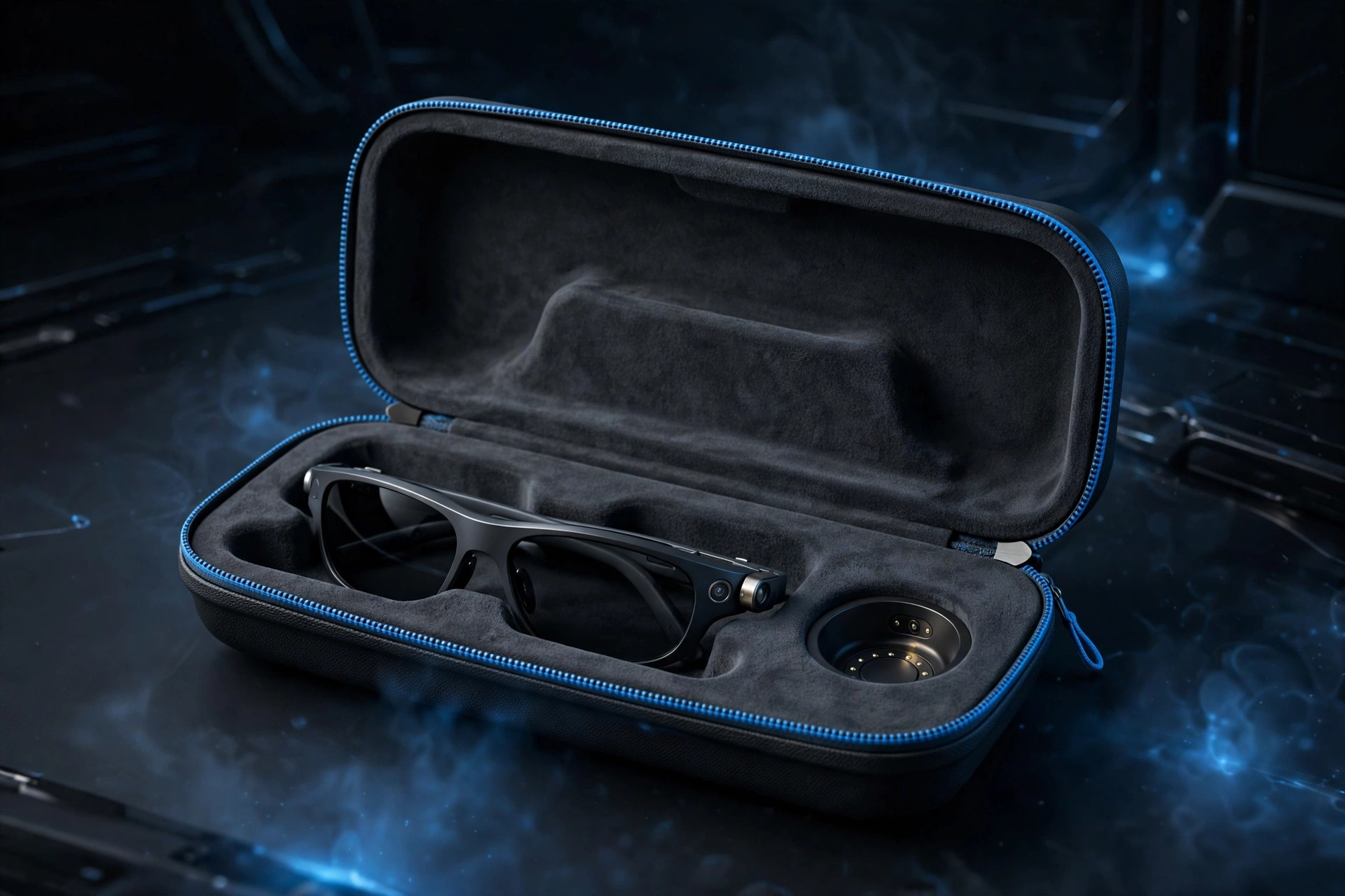 Graphite EVA smart glasses case with blue accent zipper holding AI glasses with charging dock