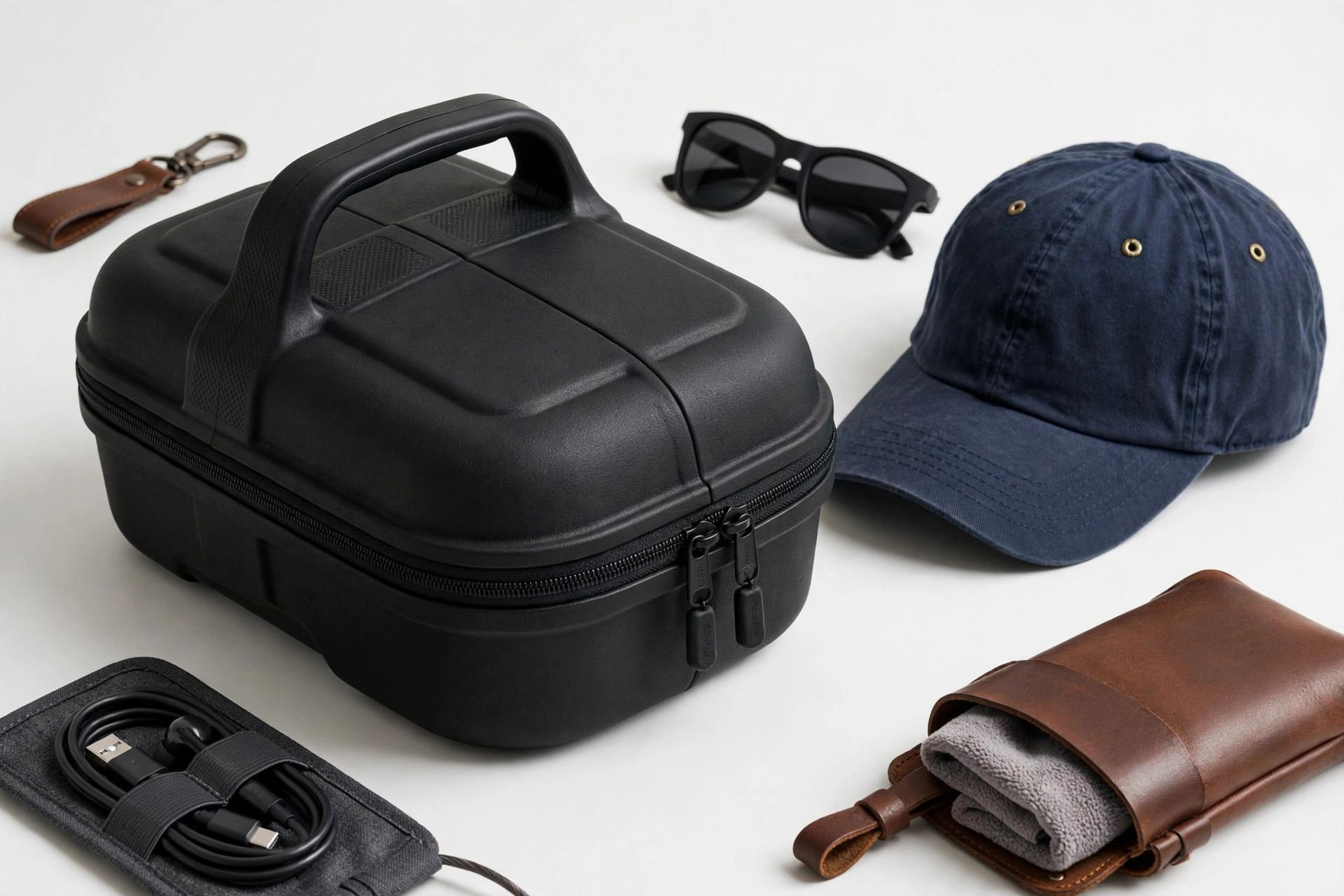 Black molded EVA baseball cap carrier with a classic baseball cap
