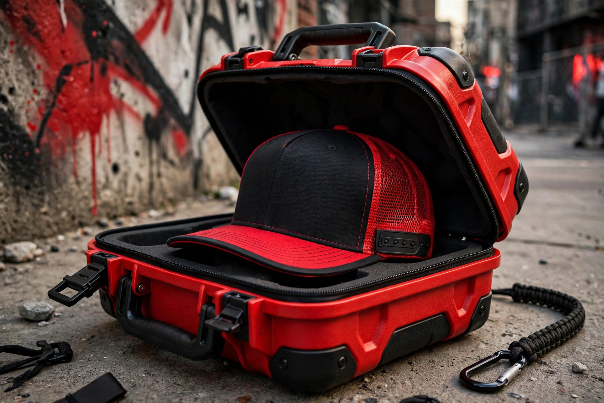 Red and black molded EVA snapback cap carrier with streetwear style