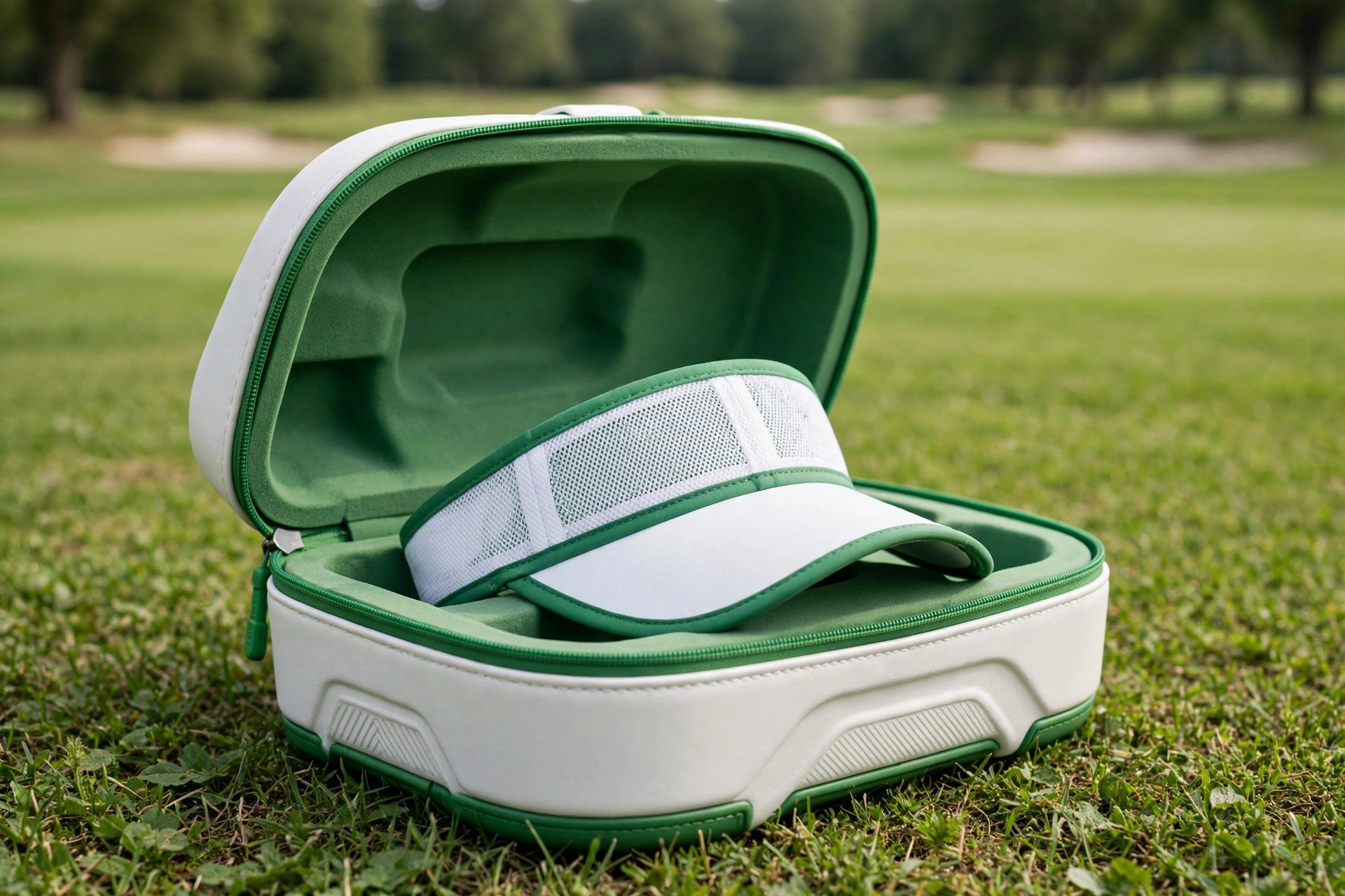 White and green molded EVA golf visor case with a golf visor inside