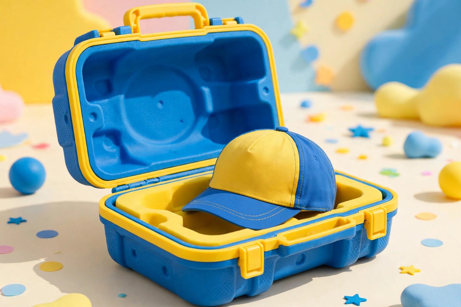 Blue and yellow molded EVA kids cap carrier with a kids baseball cap