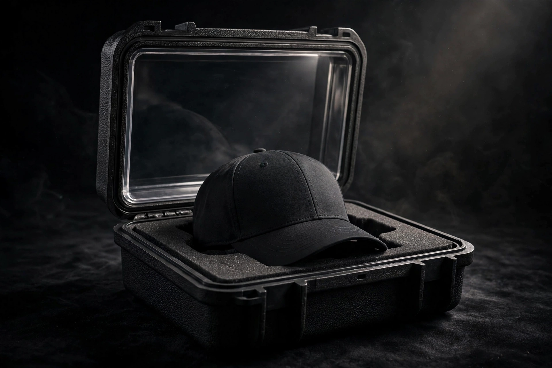Black molded EVA fitted cap display case with a clear window