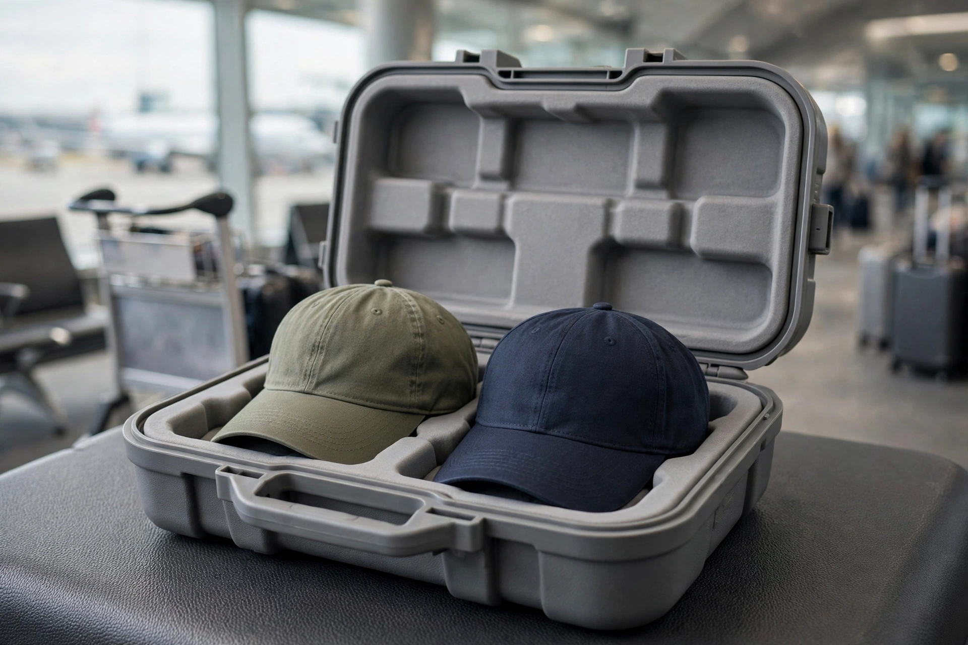 Gray molded EVA double cap travel carrier with two baseball caps