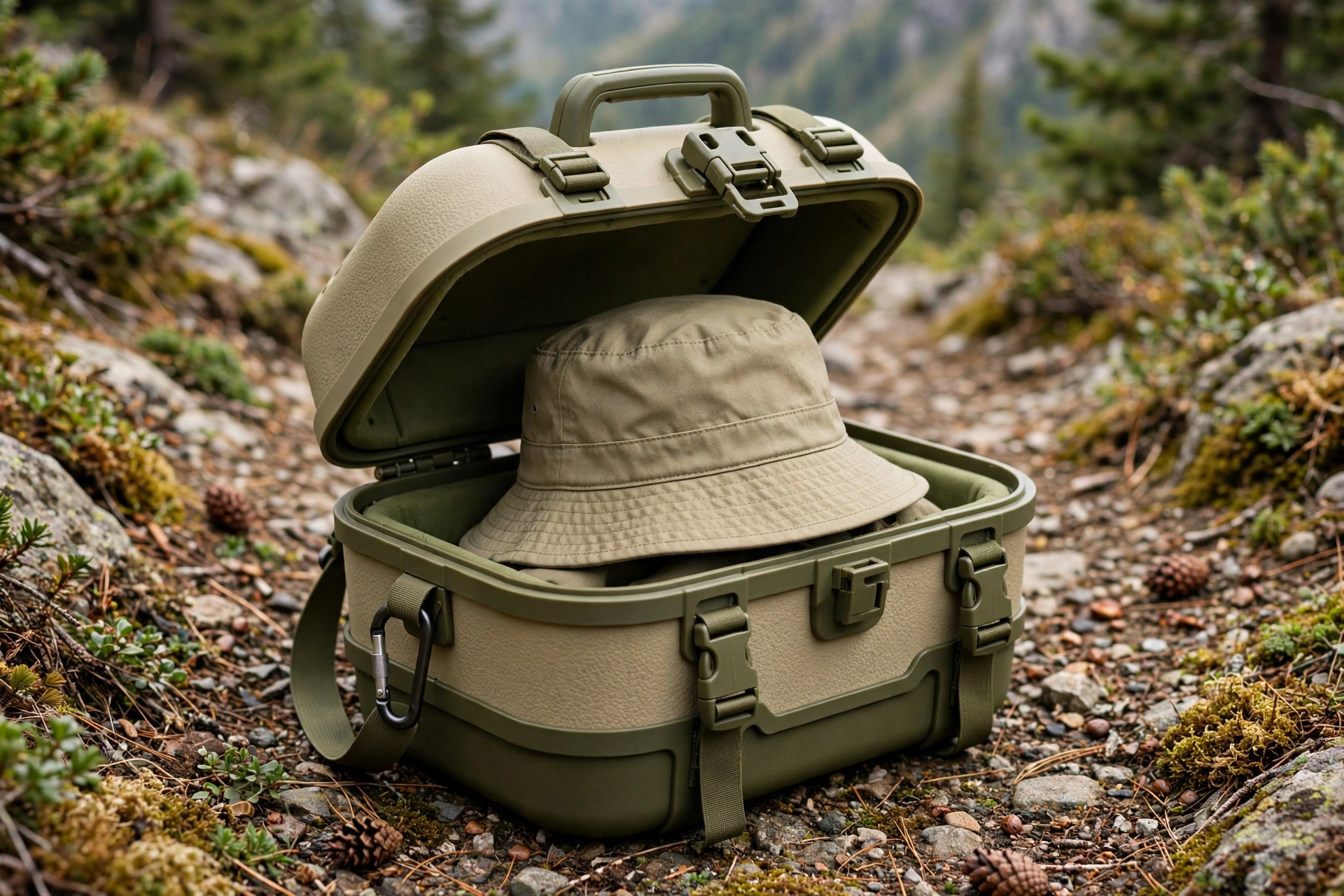 Khaki and olive molded EVA bucket hat carrier for outdoor use