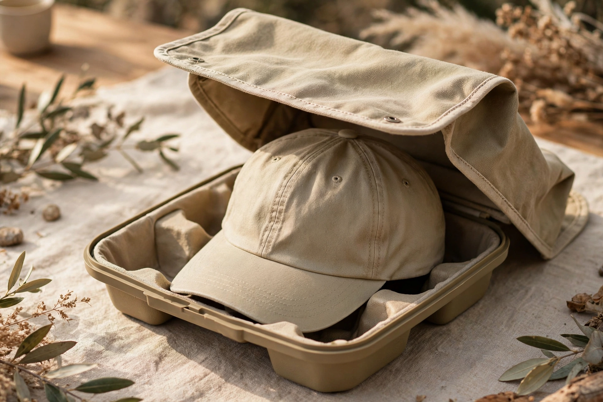 Khaki canvas and molded EVA dad-hat carrier with structured EVA base