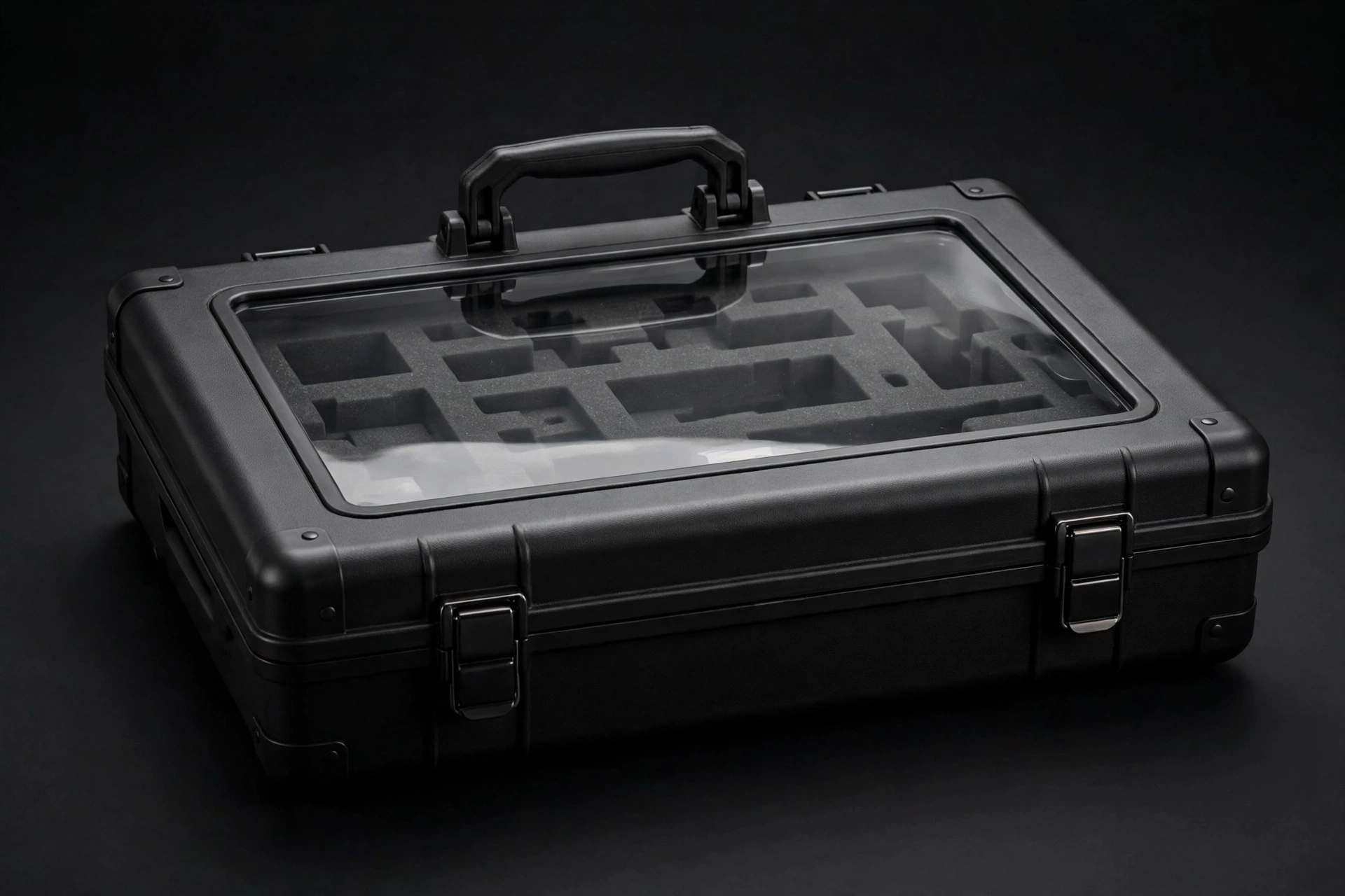 Closed black EVA tool case with transparent TPU window in the lid