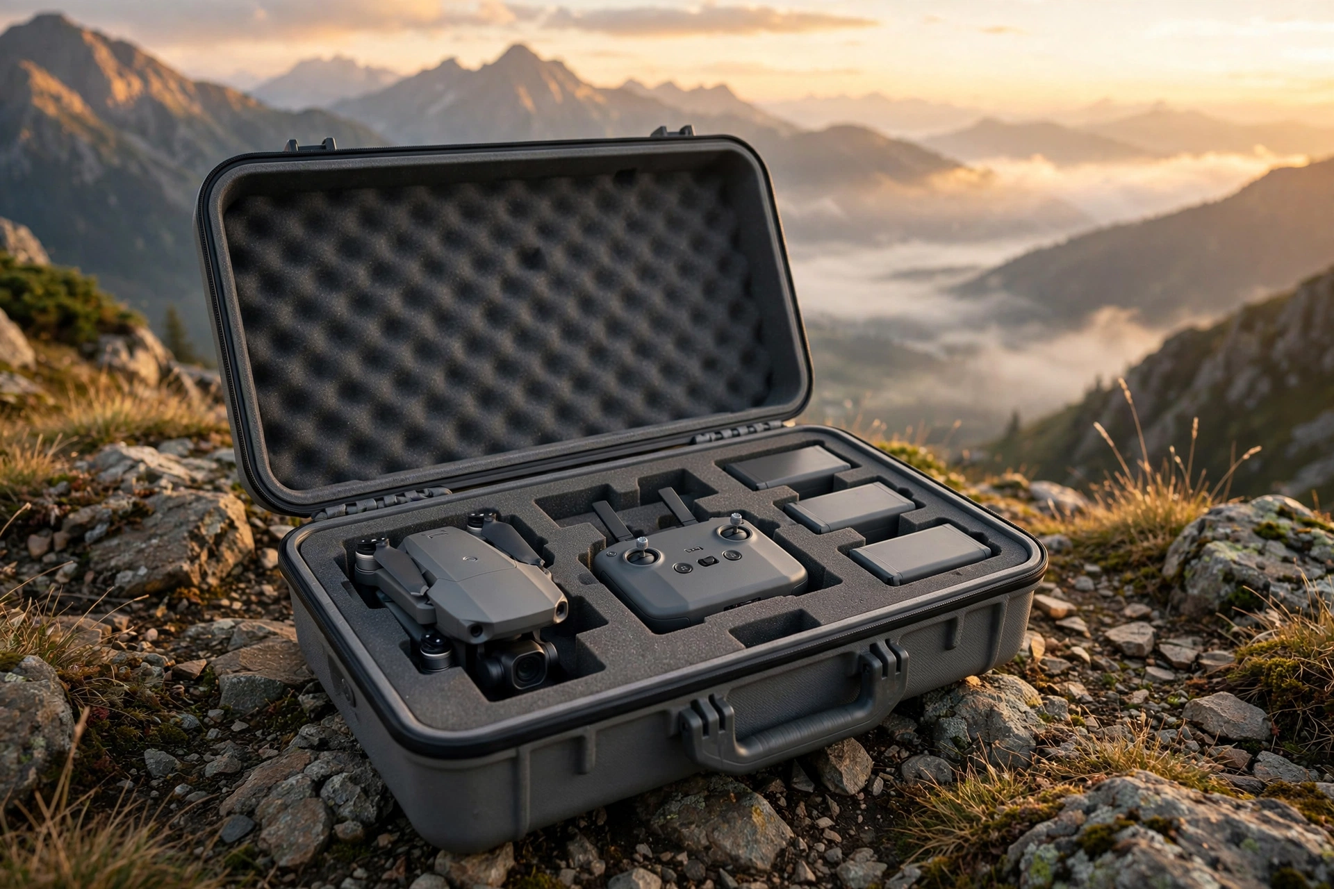 Gray EVA hard-shell travel case with die-cut foam holding a folded camera drone at a mountain viewpoint