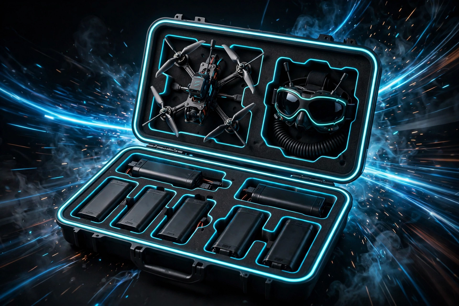 Neon-accented black EVA case holding an FPV racing drone, goggles and batteries
