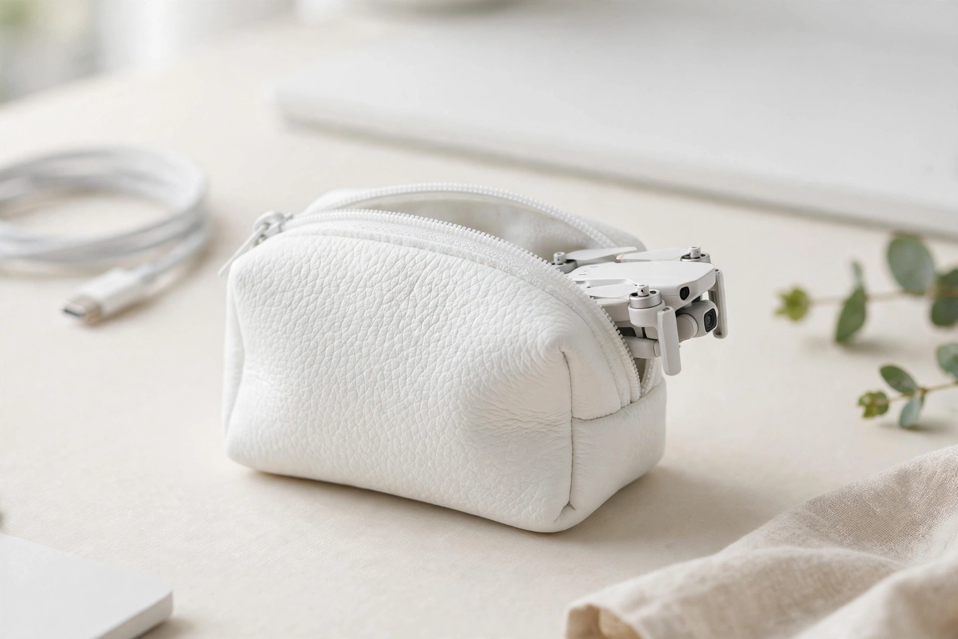 Small white EVA soft pouch with a mini selfie drone on a bright desk