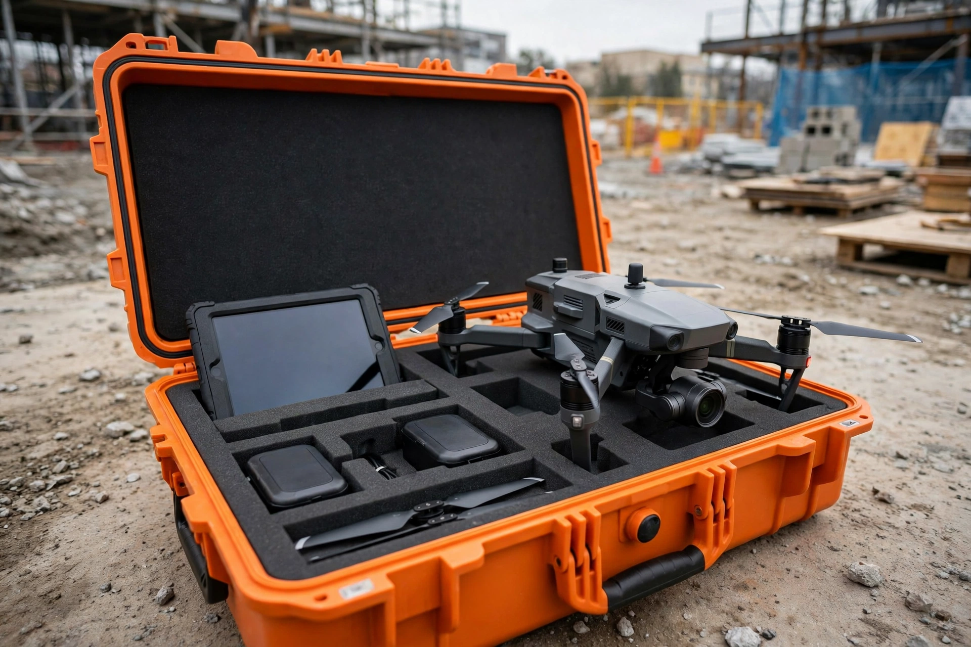 Orange industrial EVA hard case with an inspection drone, thermal camera and tablet slot