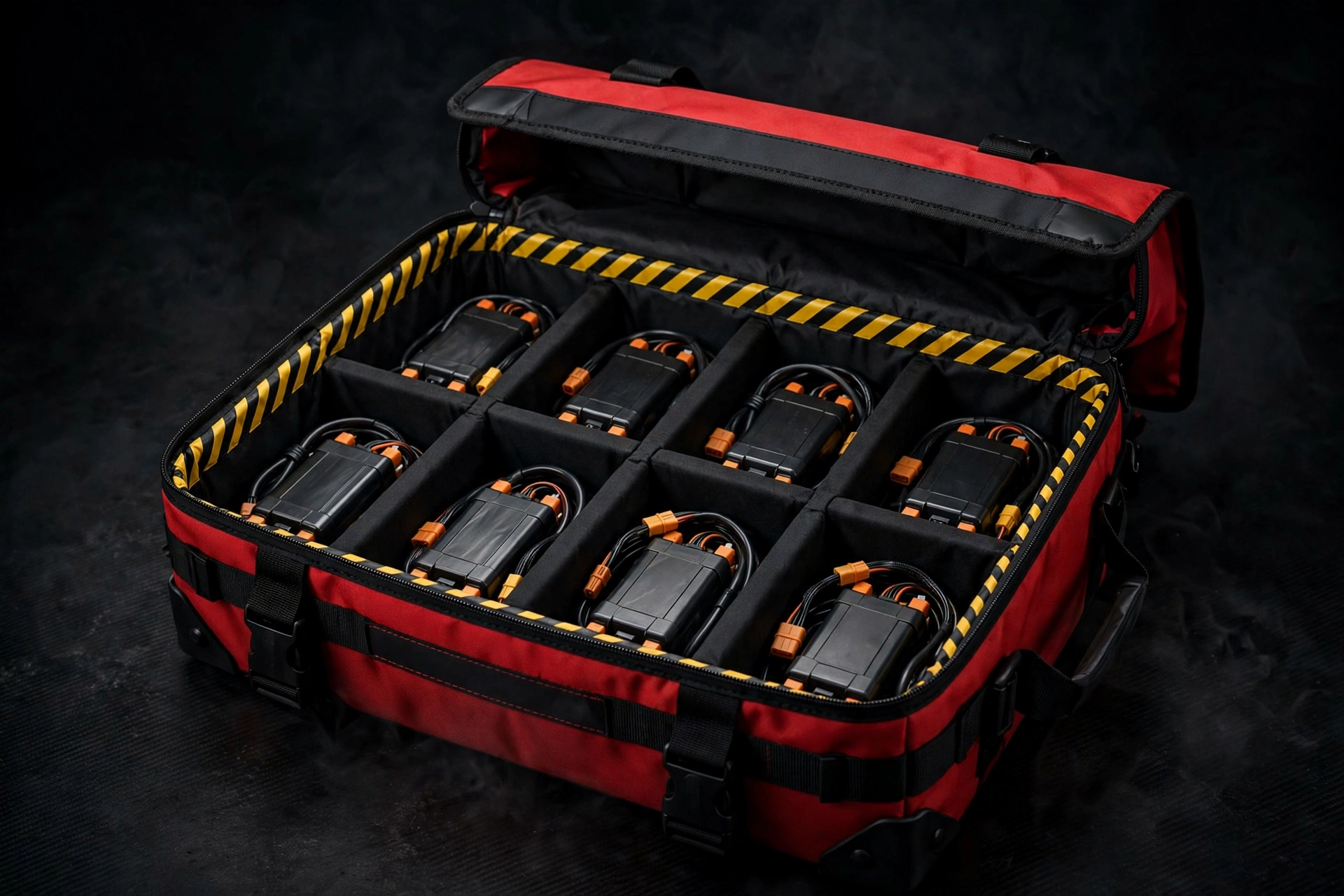 Red and black fire-resistant LiPo battery safe bag with drone batteries in separate compartments