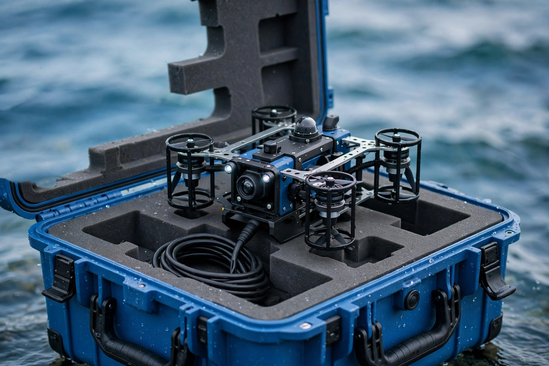 Blue waterproof EVA hard case holding an underwater ROV drone with tether cable