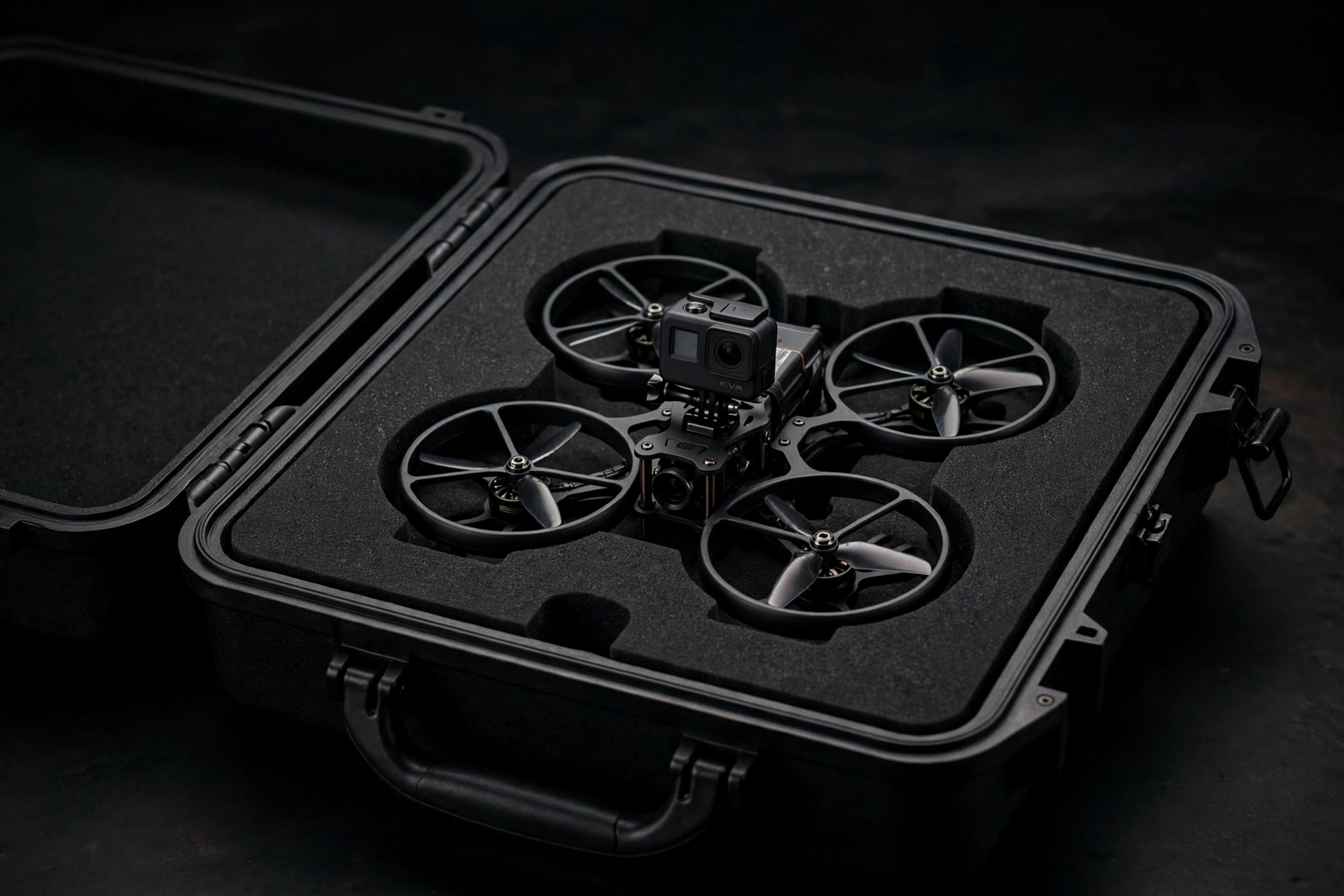 Stealth black compact EVA case with a cinewhoop FPV drone and action camera