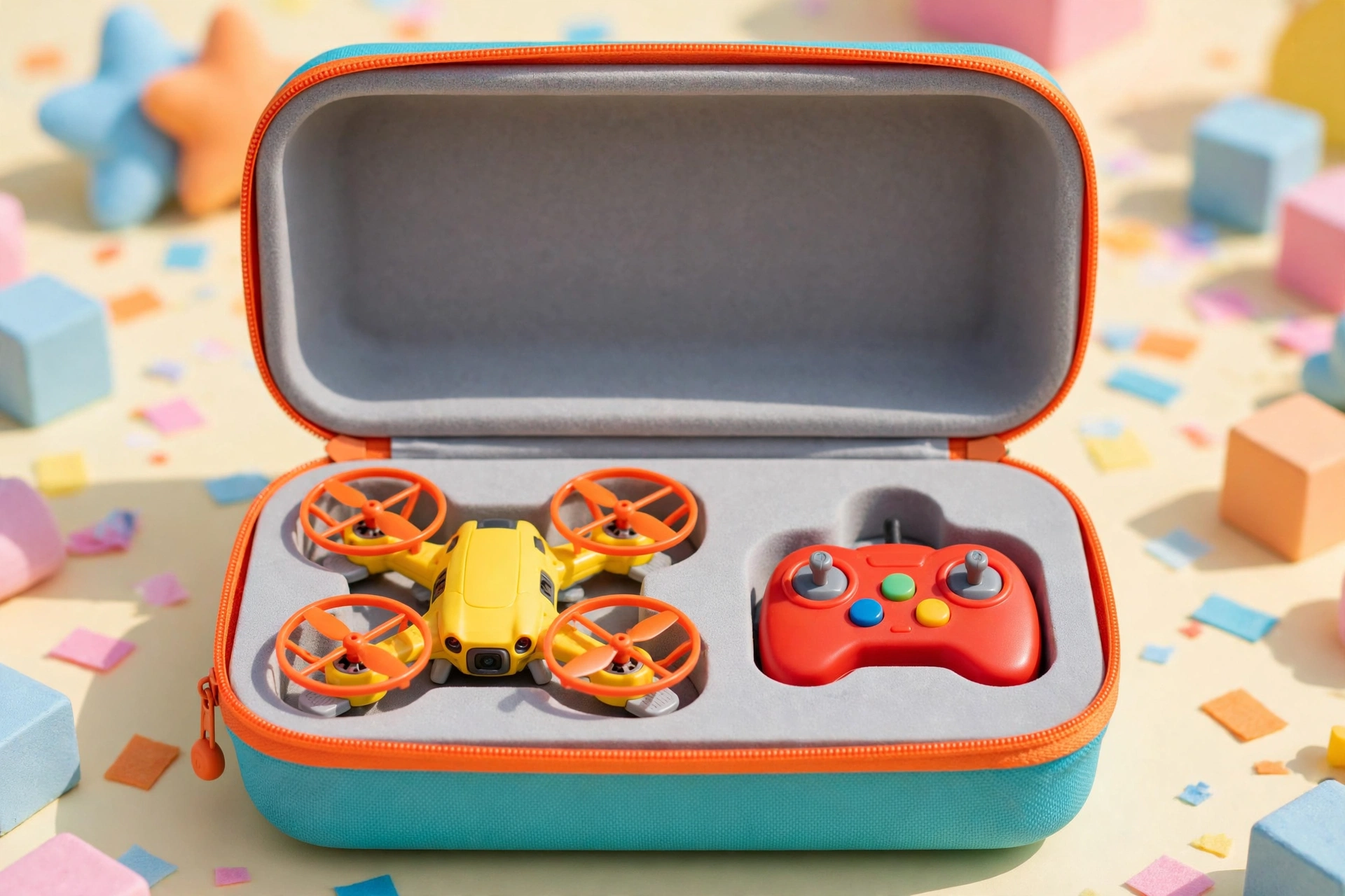 Colorful EVA hard case for a kids toy drone with rounded die-cut foam