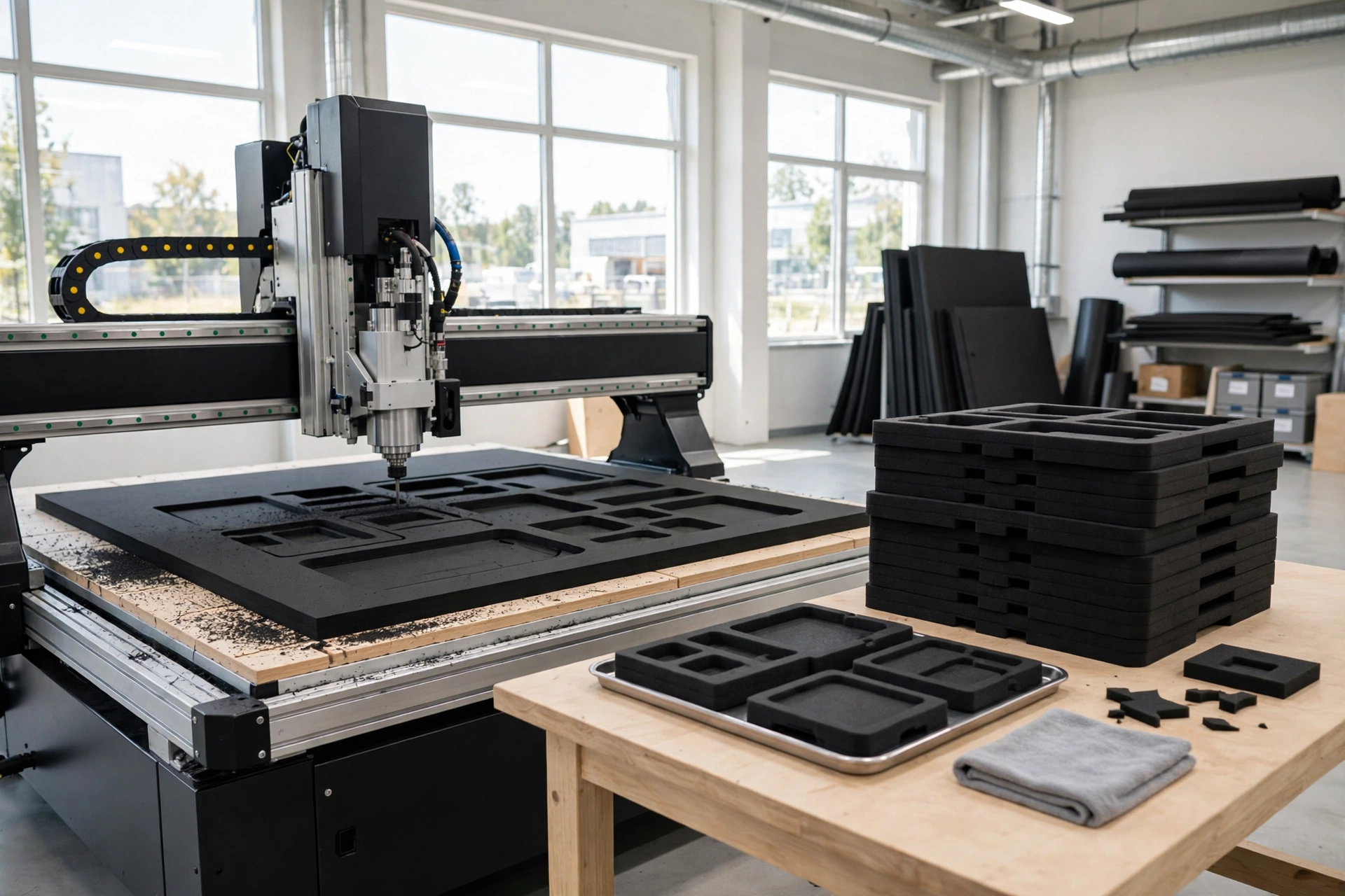 CNC machine cutting EVA foam inserts with clean edges