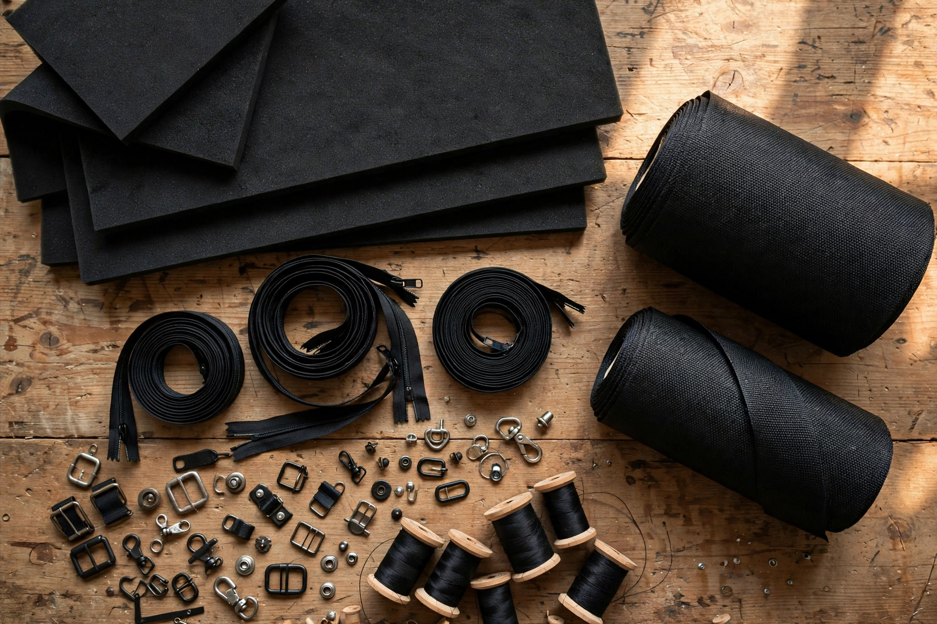 Flat lay of EVA case materials: foam sheets, fabric rolls, zippers, hardware and thread