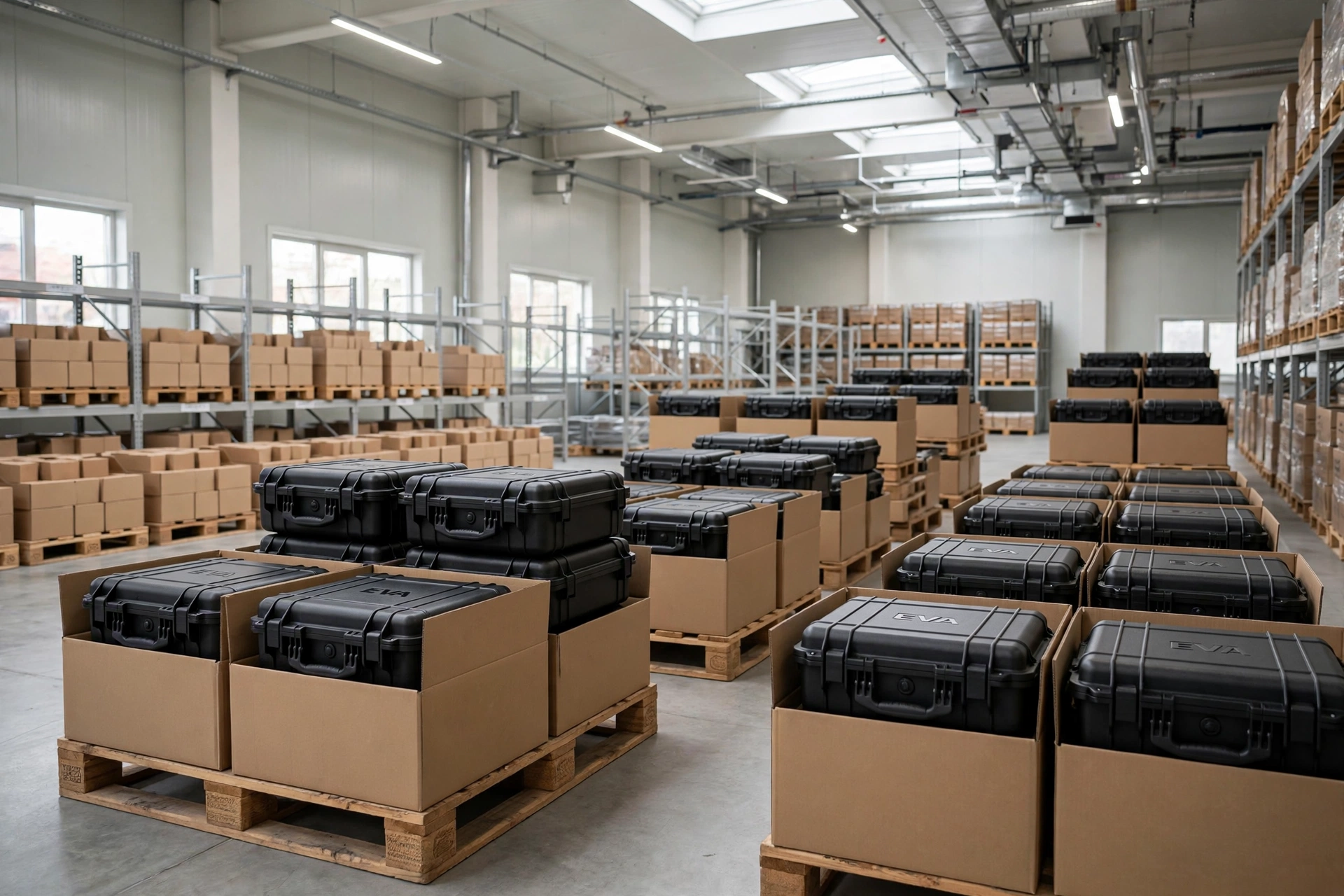 Finished EVA cases packed in export cartons on pallets ready for container loading