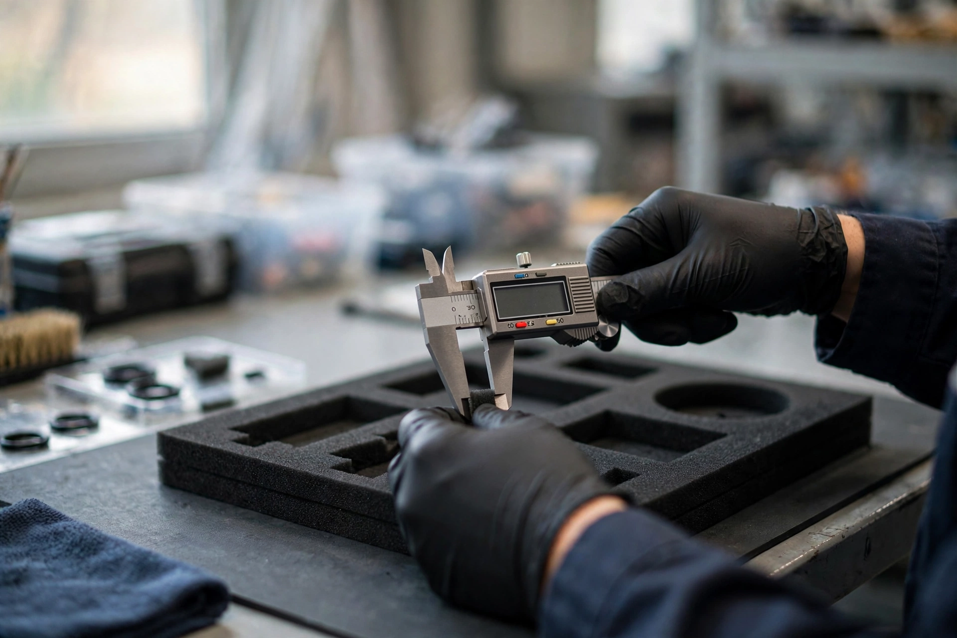 QC inspector measuring a foam insert with a digital caliper