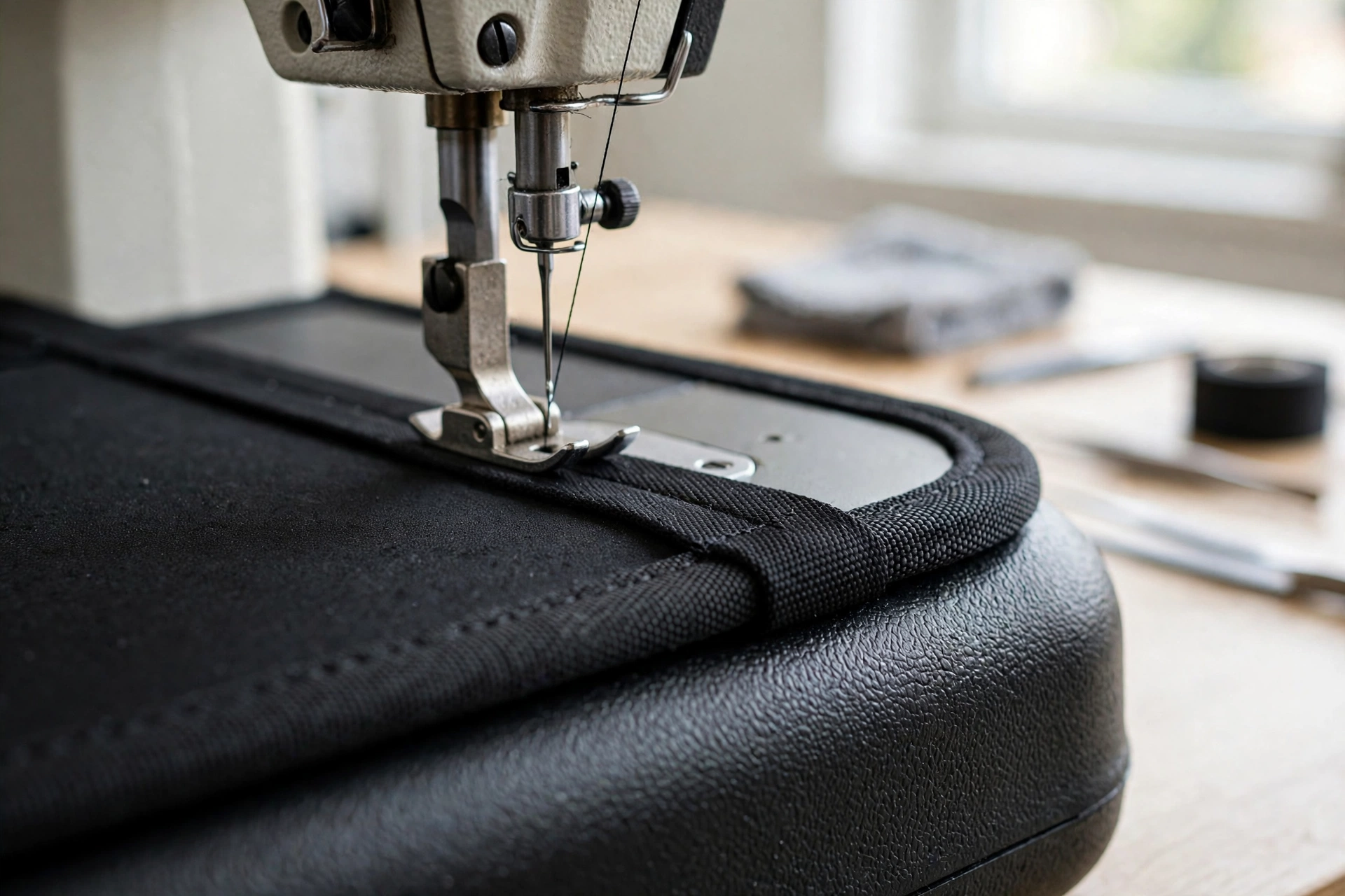Close-up of industrial sewing machine stitching binding onto an EVA case edge