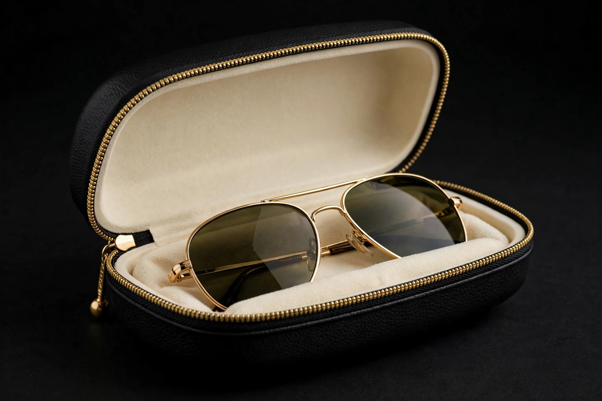 Black EVA hard sunglasses case with gold zipper holding gold-frame aviator sunglasses