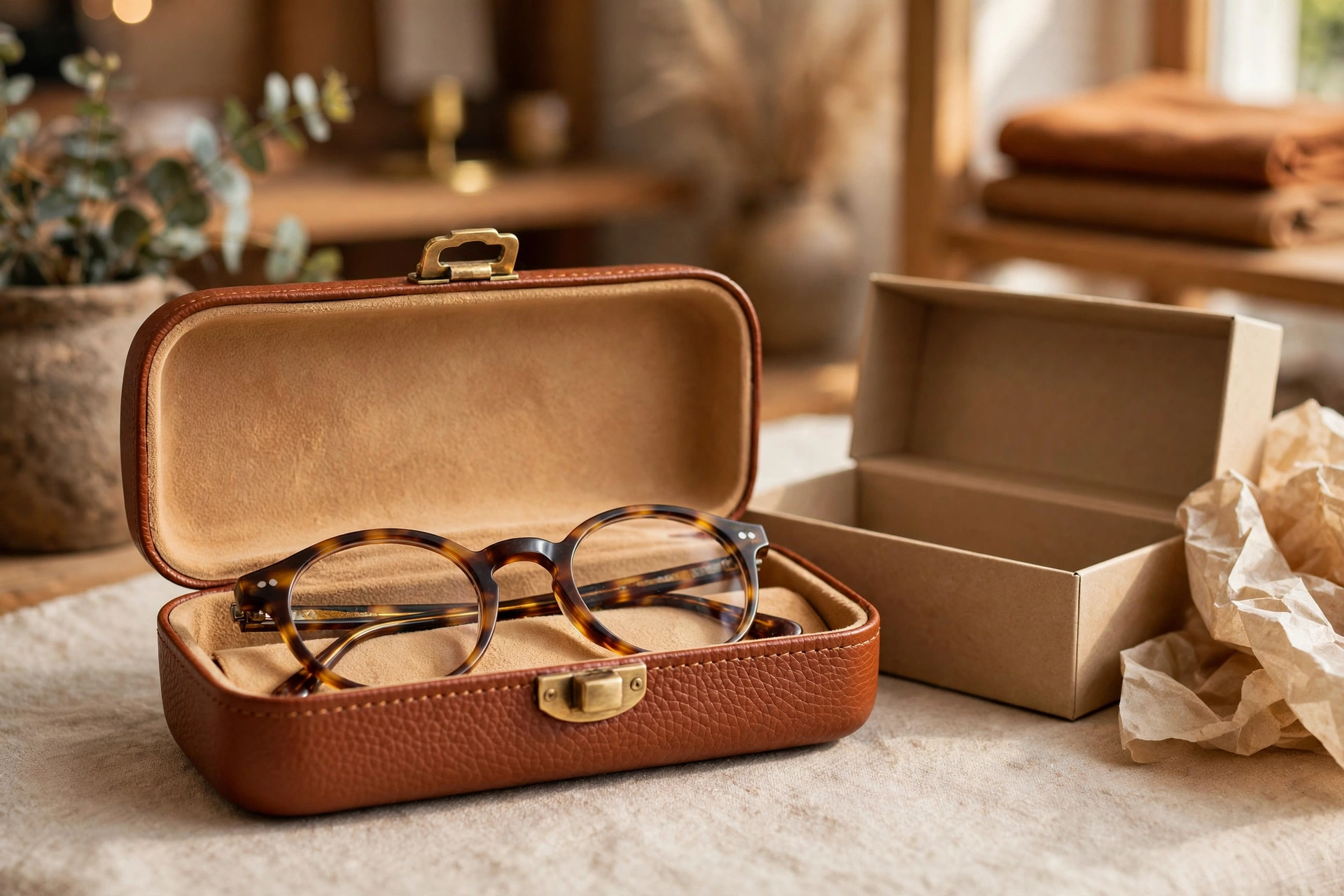 Cognac leather-look EVA optical glasses case with brass clasp holding round tortoise frames