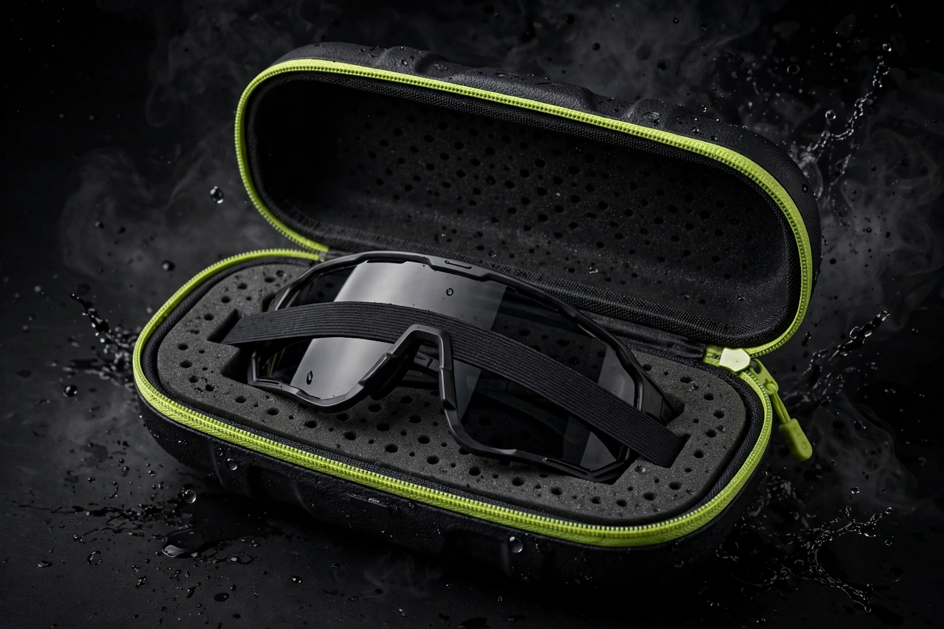 Matte black EVA sport sunglasses case with lime zipper holding wraparound cycling sunglasses