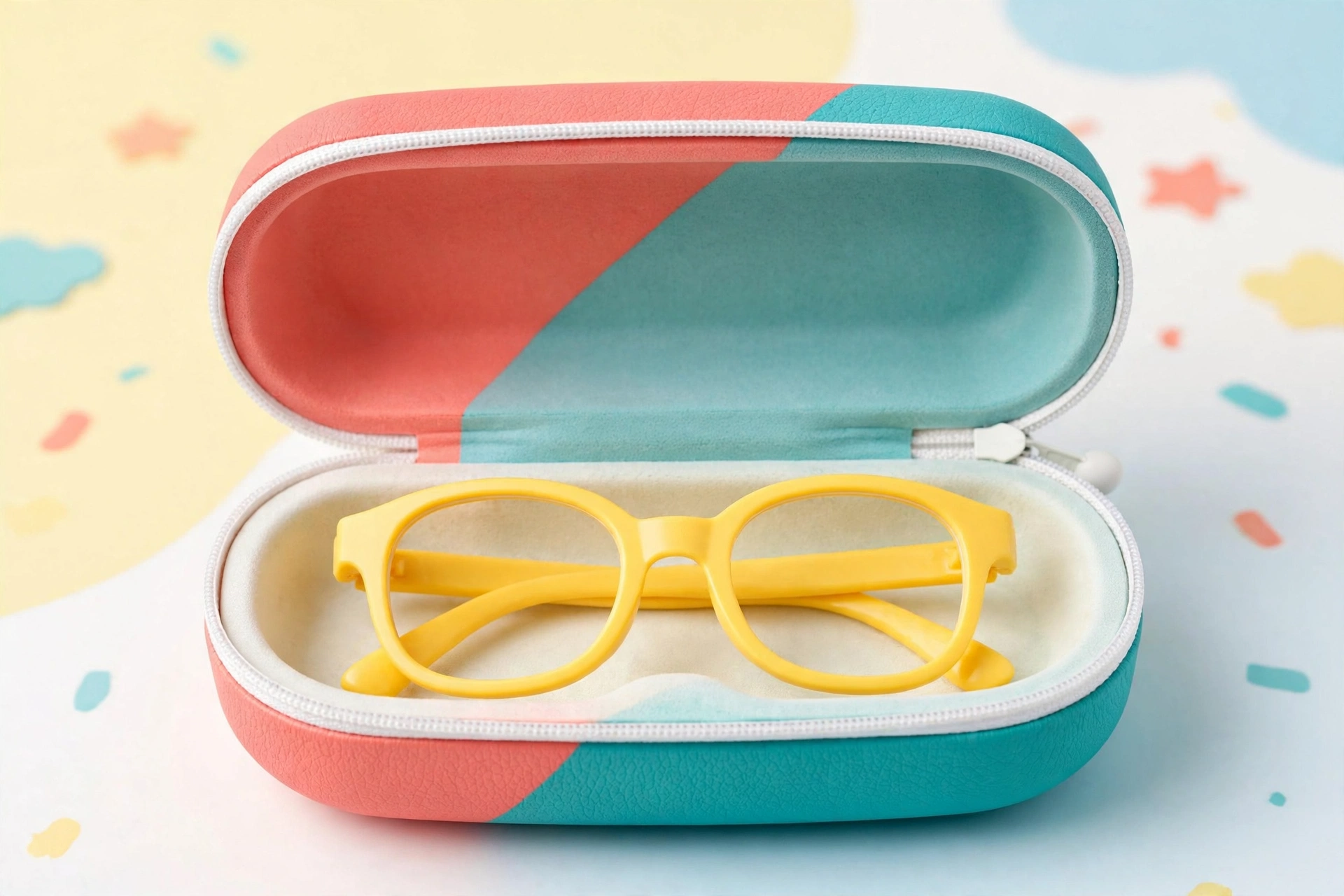 Coral and teal two-tone EVA kids glasses case with yellow children's glasses