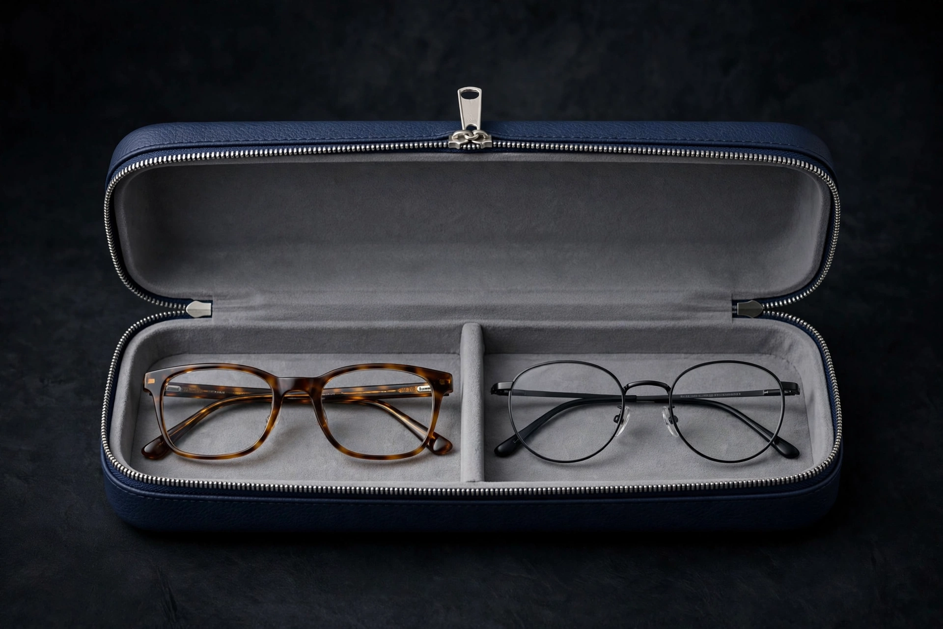 Navy EVA double glasses case with two pairs of reading glasses in separate slots