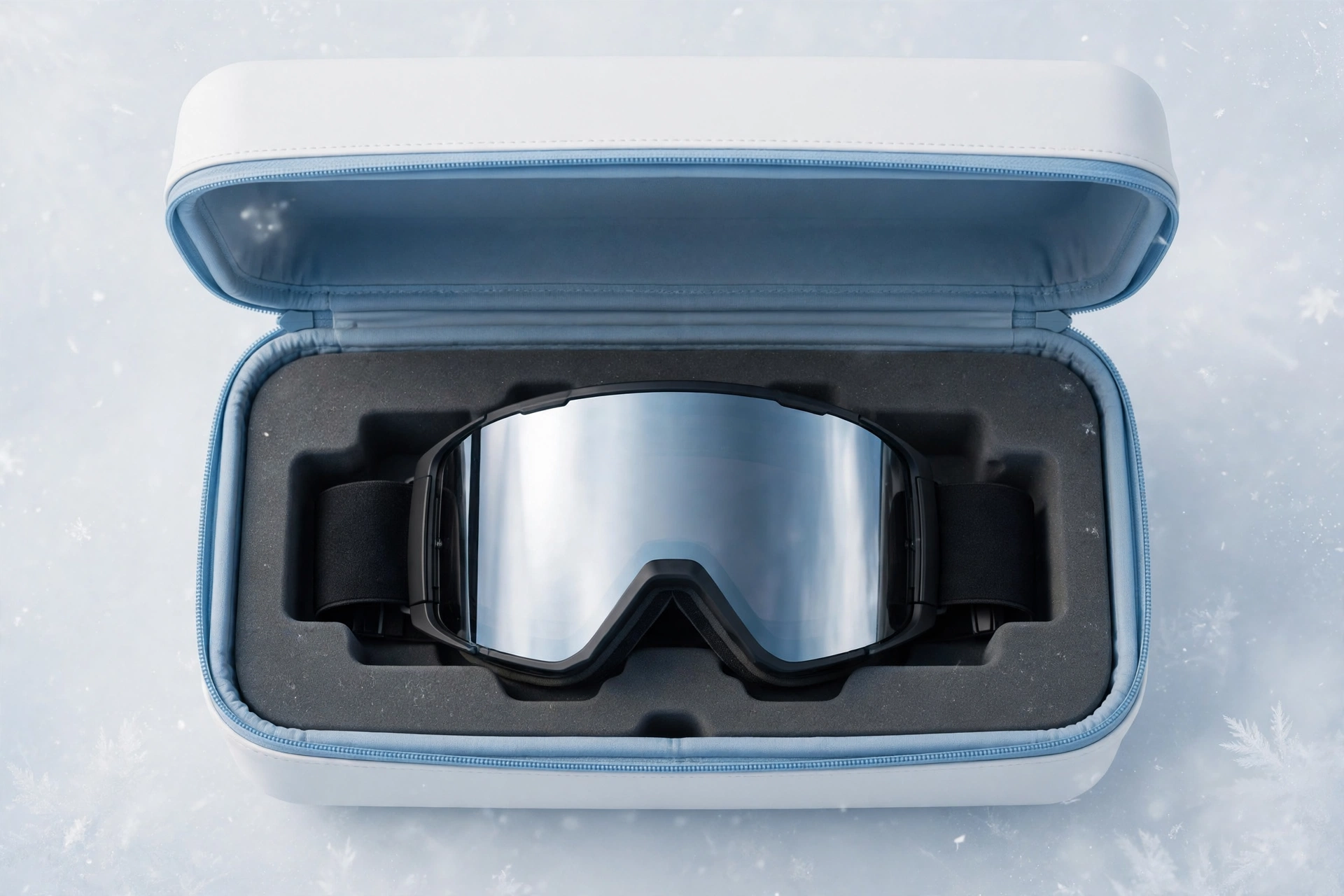 White EVA hard case with ice-blue lining holding mirrored ski goggles
