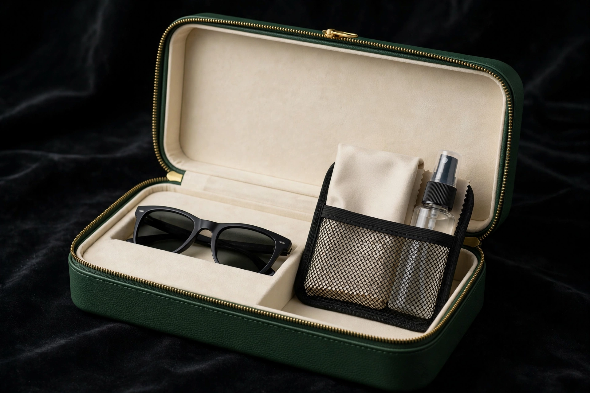 Forest-green EVA eyewear gift set with sunglasses, cleaning cloth and spray