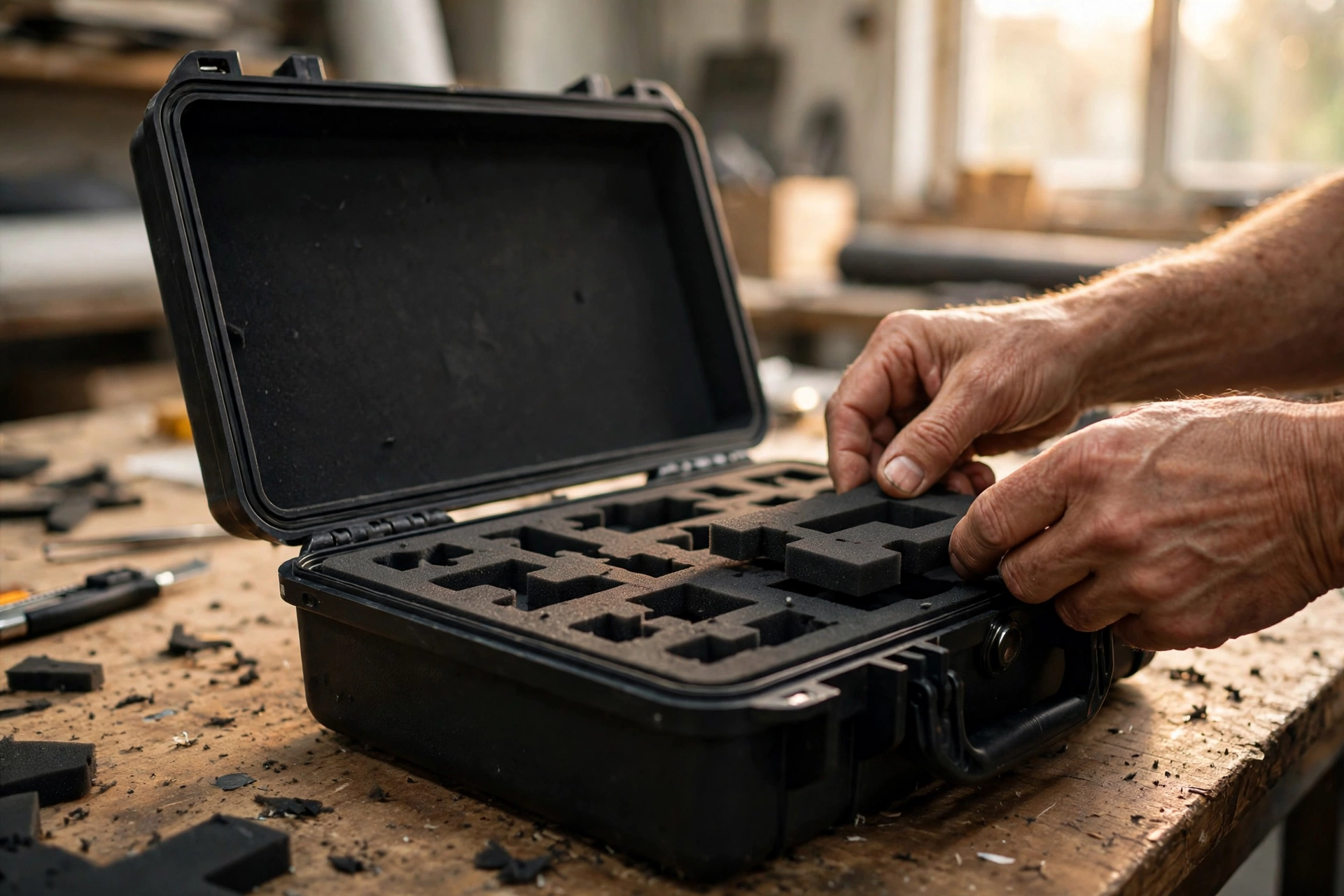 Craftsman's hands fitting a die-cut foam insert into a black EVA hard-shell case on a factory workbench