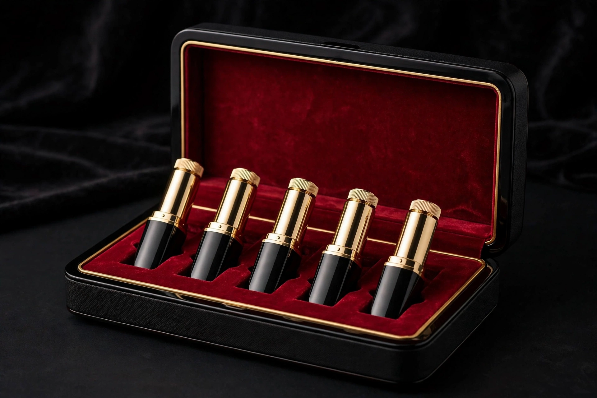 Black lacquered EVA lipstick gift case with red velvet lining holding five lipsticks