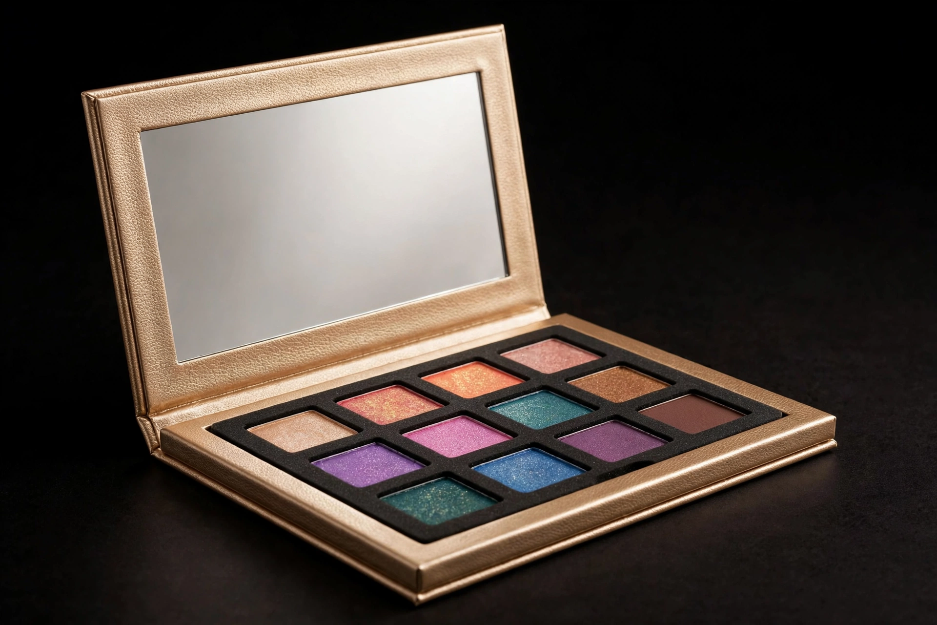 Champagne-gold EVA eyeshadow palette case with mirror lid