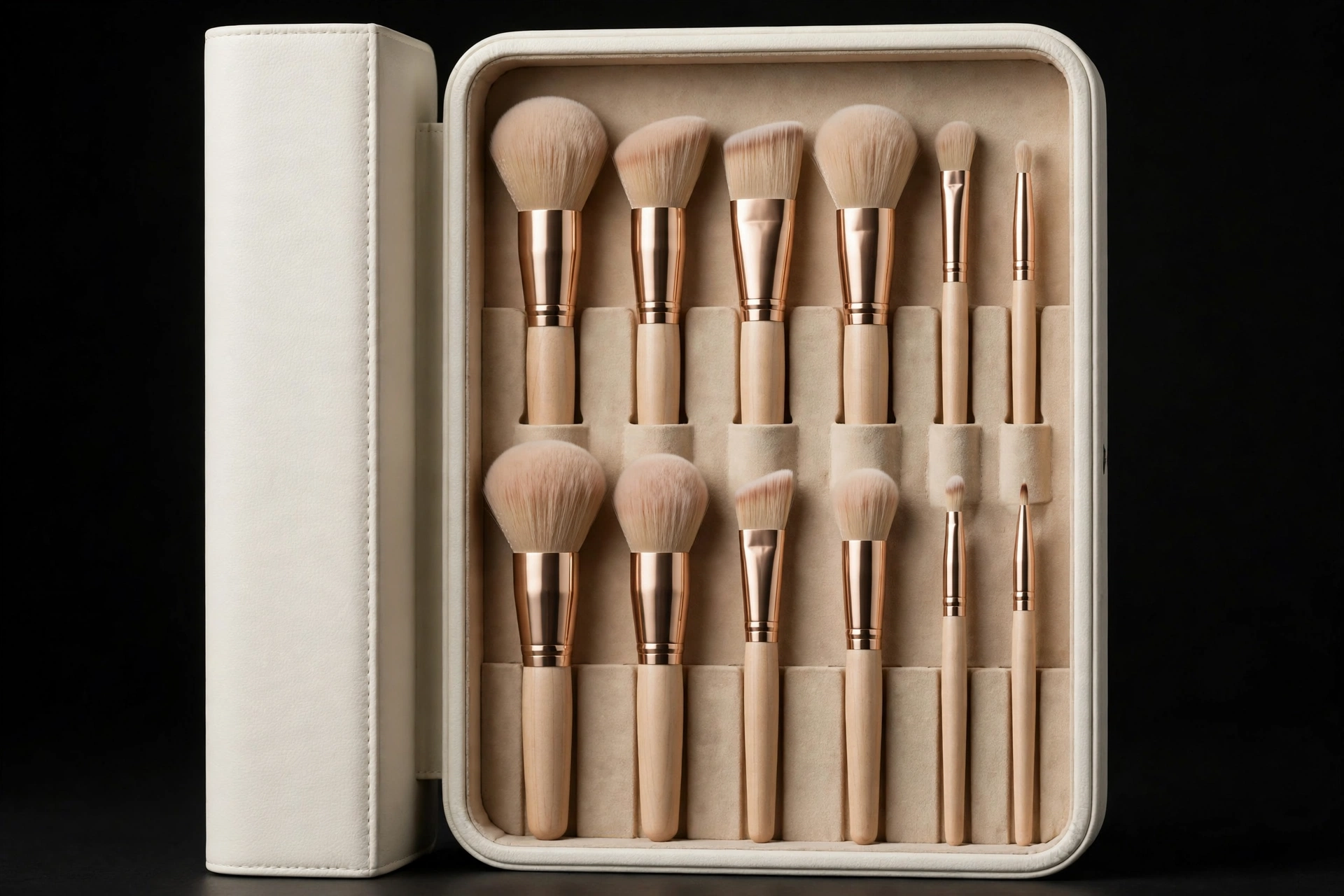 Ivory EVA makeup brush case with twelve brushes upright in slots