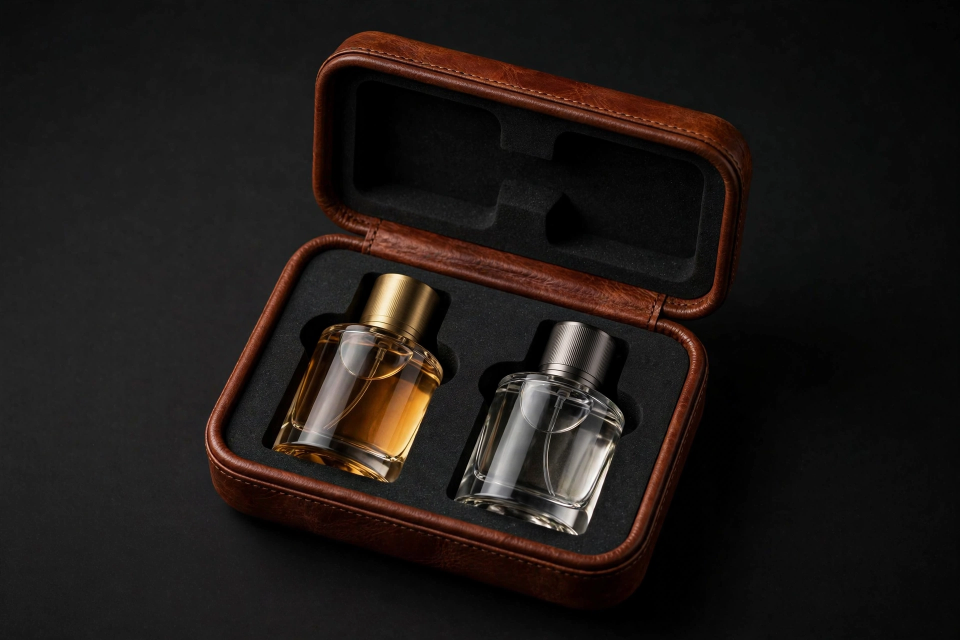 Cognac leather-trimmed EVA travel case with two perfume bottles