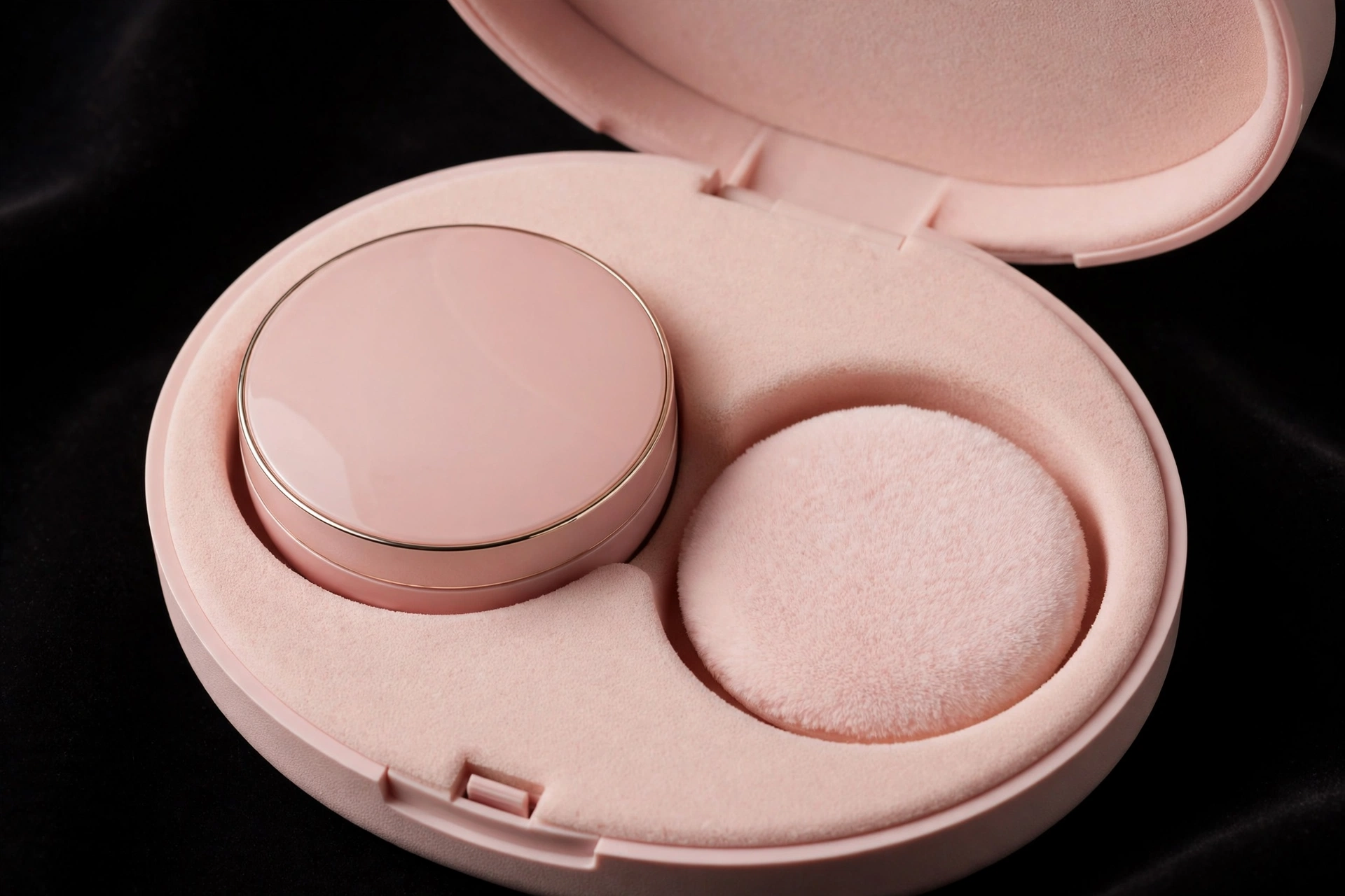 Round blush-pink EVA compact case with cushion foundation and puff