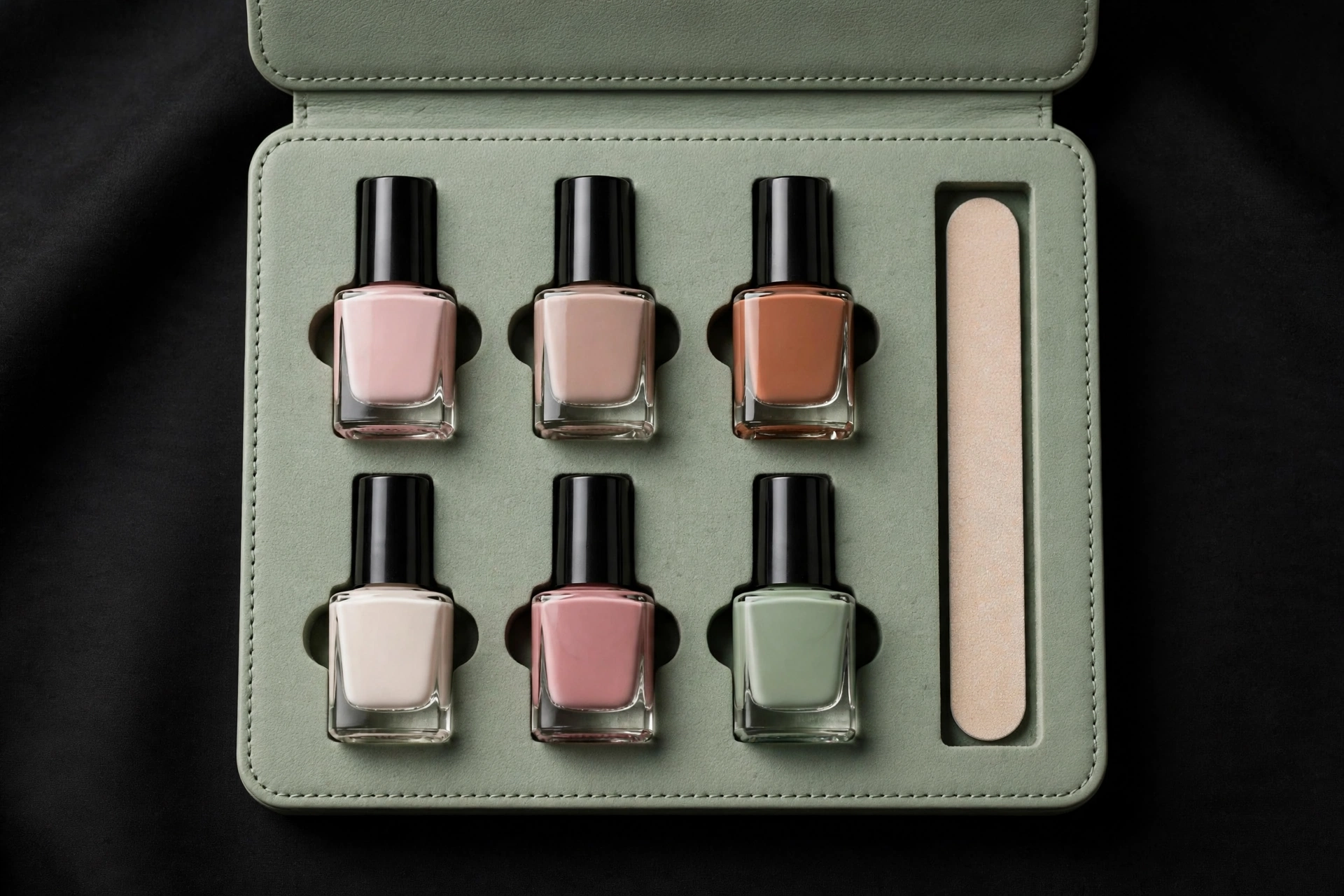 Sage-green EVA nail kit case with six nail polish bottles in slots