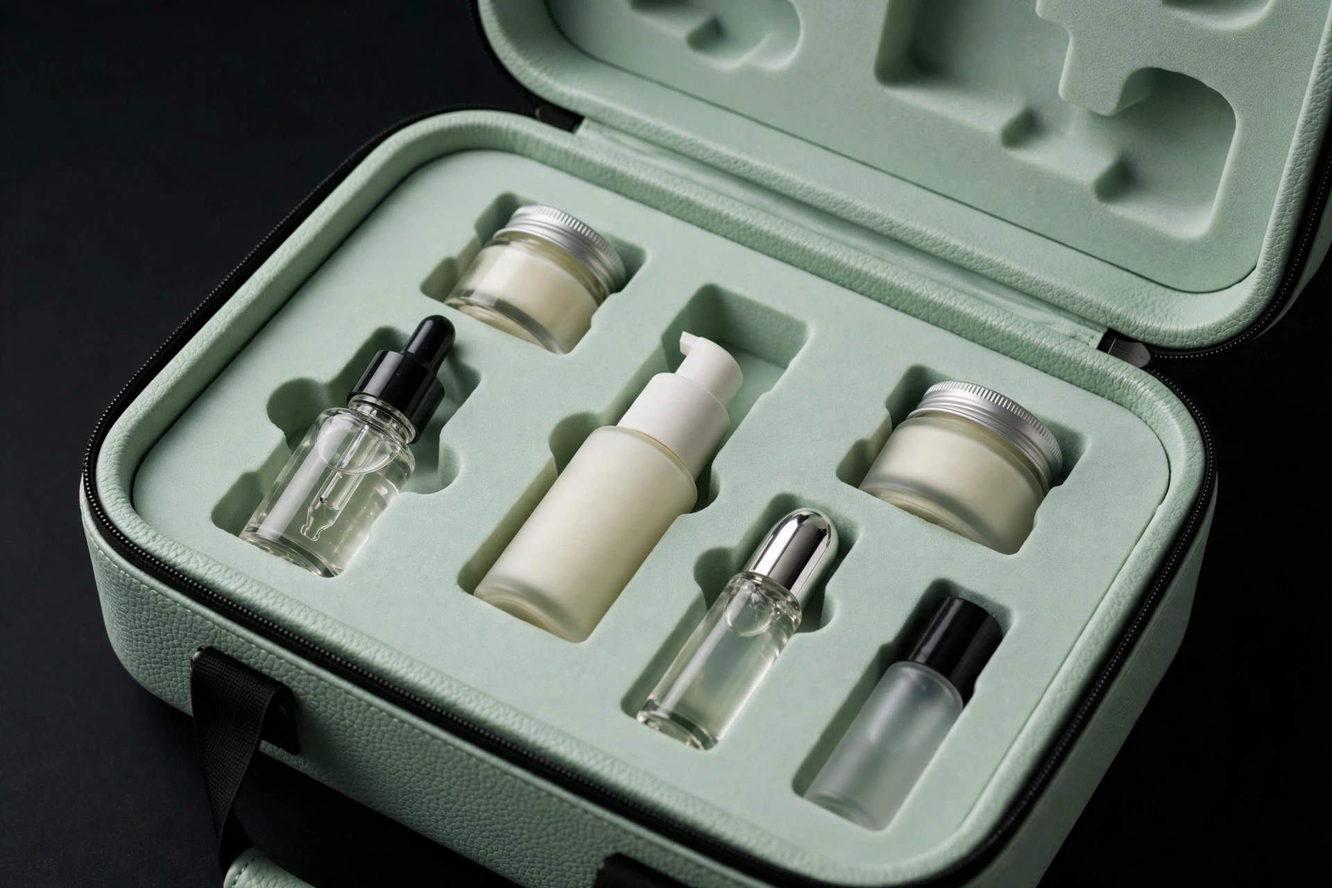 Mint-green EVA travel case with skincare mini bottles in die-cut compartments
