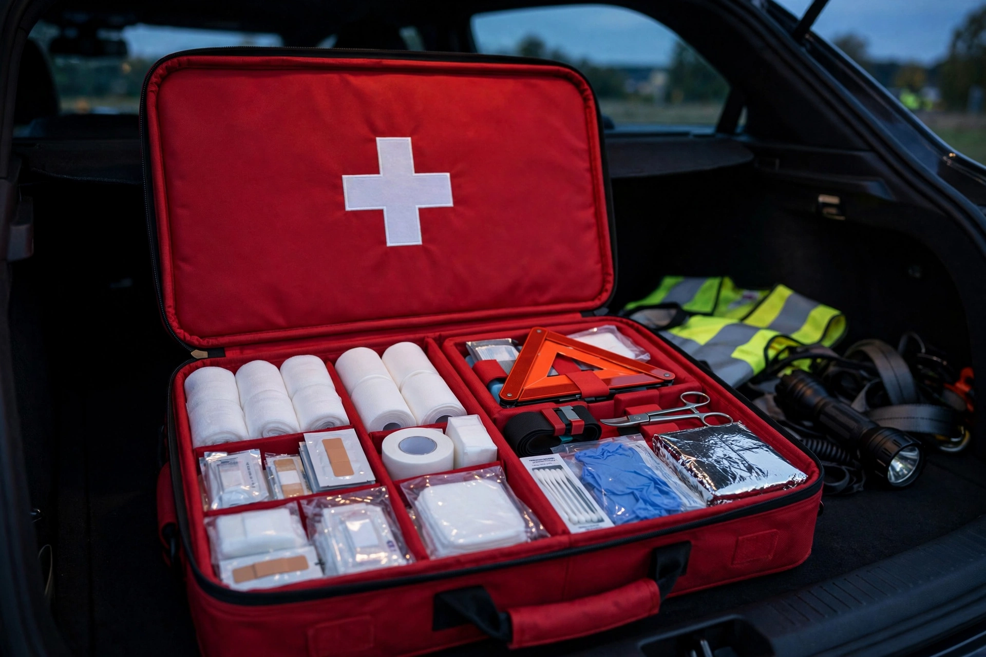 Red EVA car emergency first aid kit with white cross, organized compartments, in a car trunk at dusk