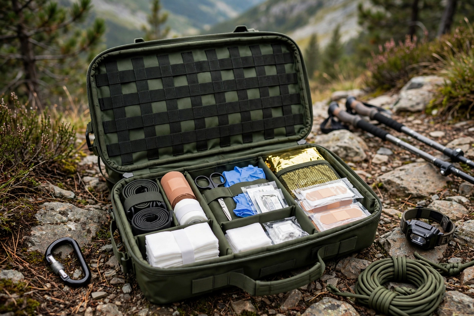 Forest-green EVA hiking trauma kit with MOLLE webbing, open with organized supplies on a mountain trail
