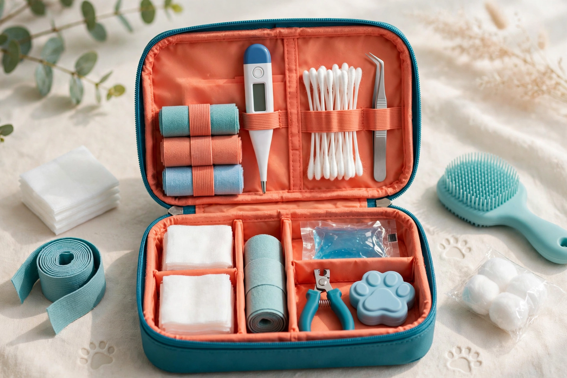 Teal and coral EVA pet first aid kit with thermometer, nail clippers and paw-print details