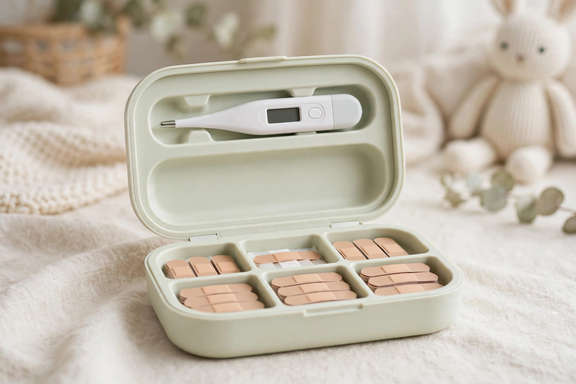 Soft mint EVA baby first aid kit with thermometer slot and bandage compartments
