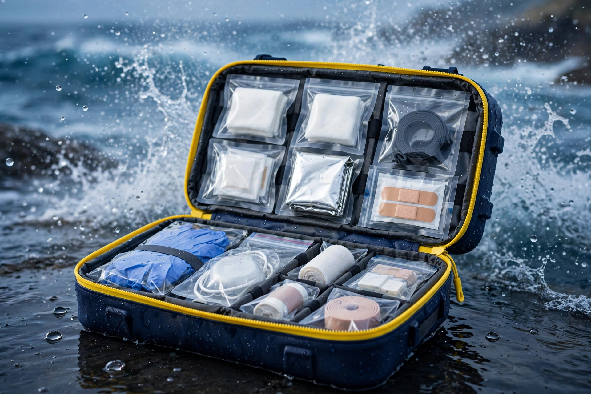 Navy EVA waterproof marine first aid kit with yellow waterproof zipper, sealed supply pouches, ocean spray