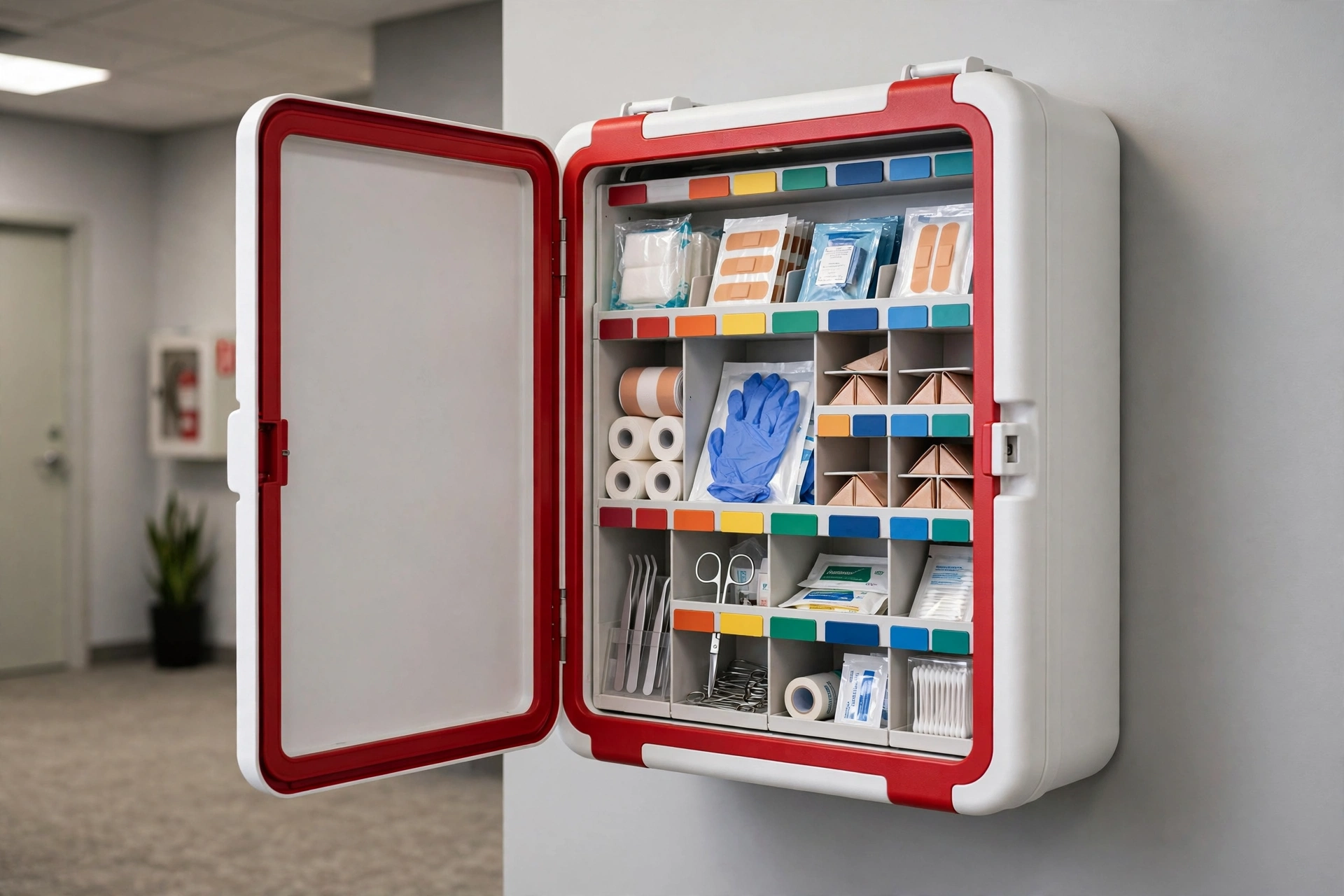 White and red wall-mounted workplace first aid cabinet with color-coded tabs and tiered compartments