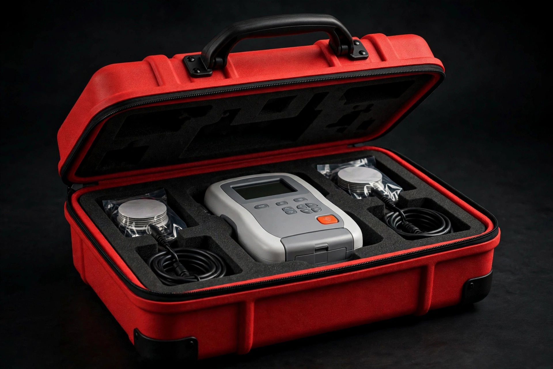 Red EVA AED defibrillator carry case with handle, device nested in die-cut foam with electrode pad slots