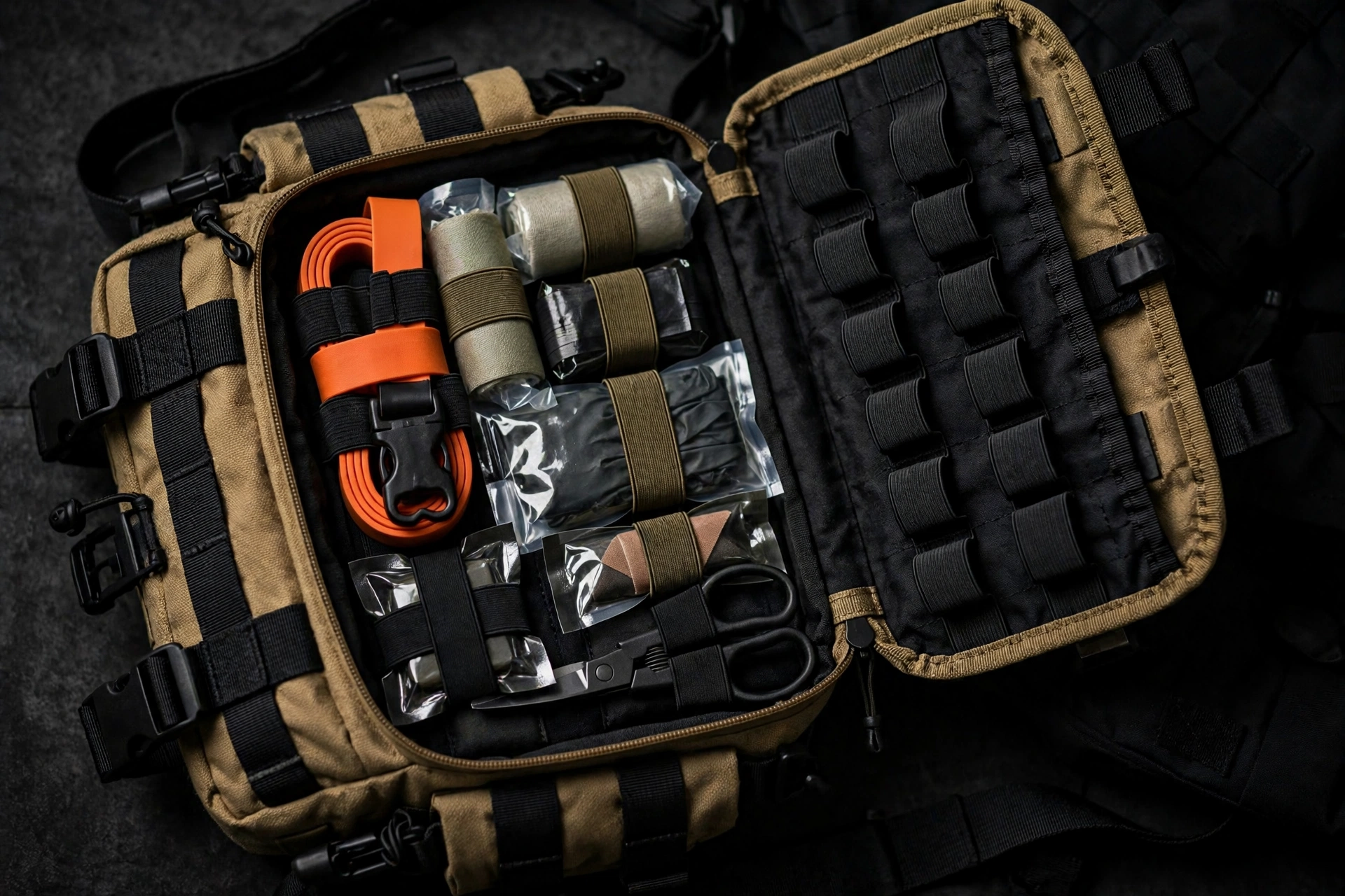 Coyote-tan tactical IFAK pouch with MOLLE straps, tourniquet in quick-pull loops, trauma supplies