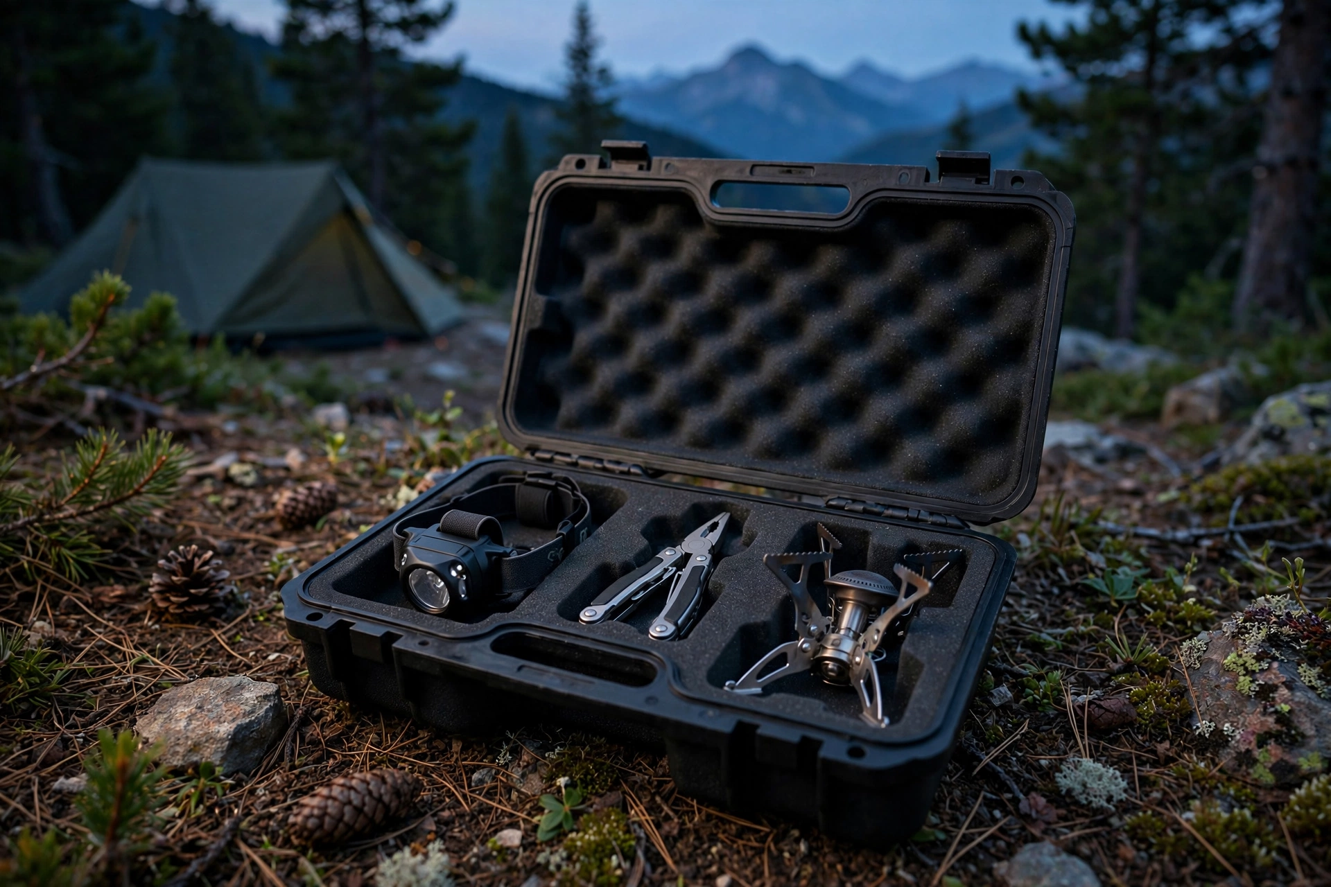 Black EVA camping gear case open with headlamp and tools at a mountain campsite