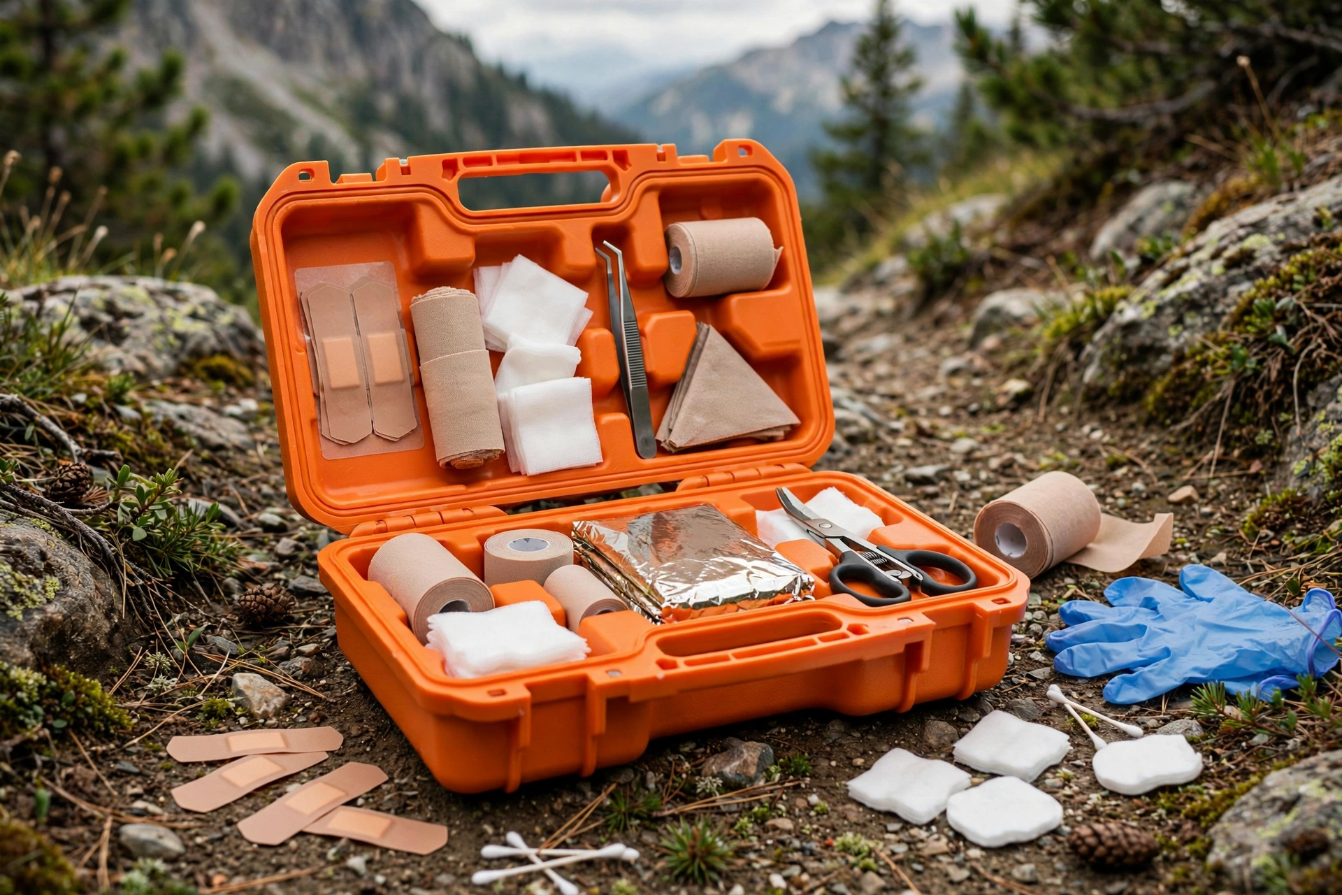 Orange EVA hiking first aid case open with emergency gear on a trail