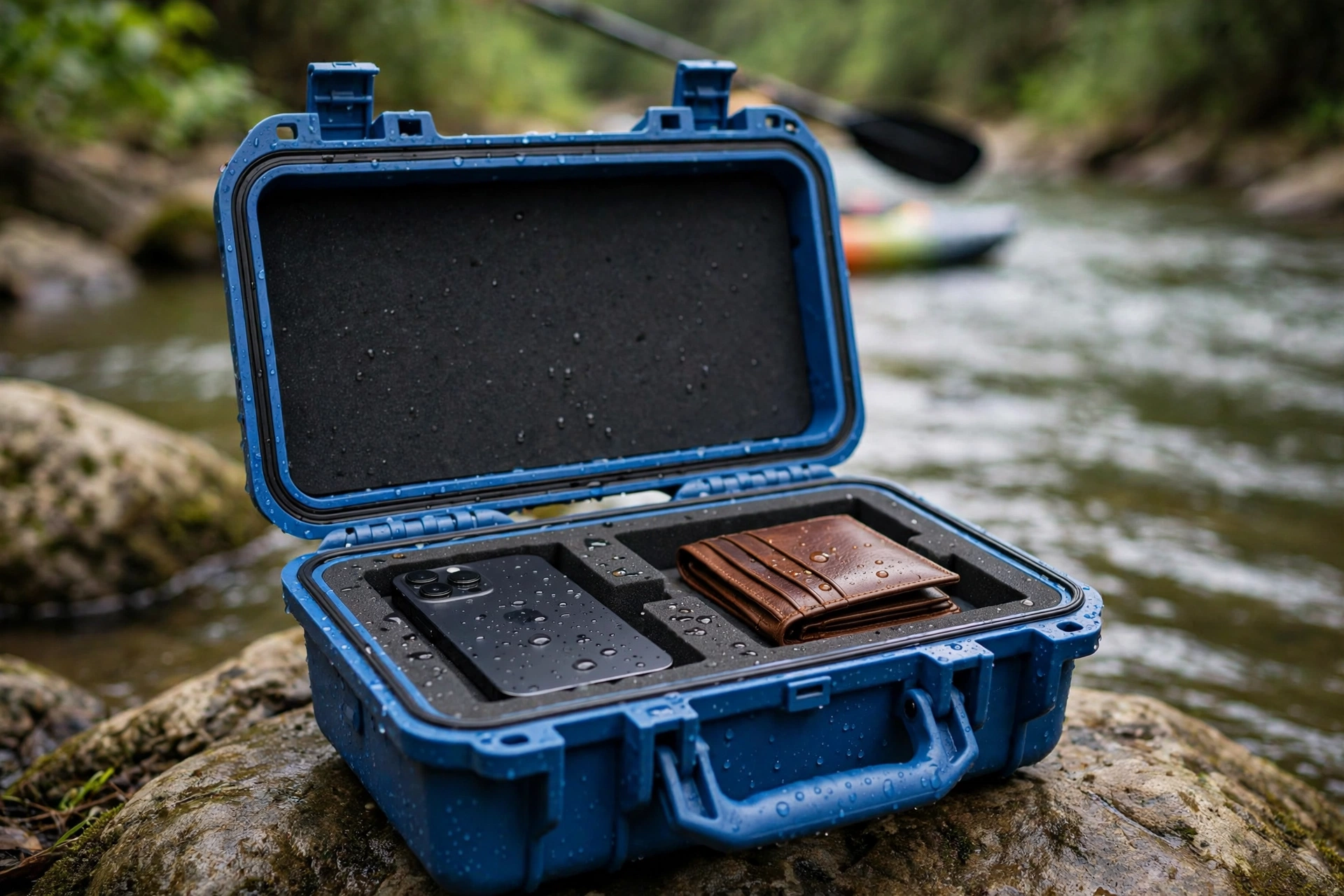 Blue EVA waterproof dry case with phone and wallet by a river